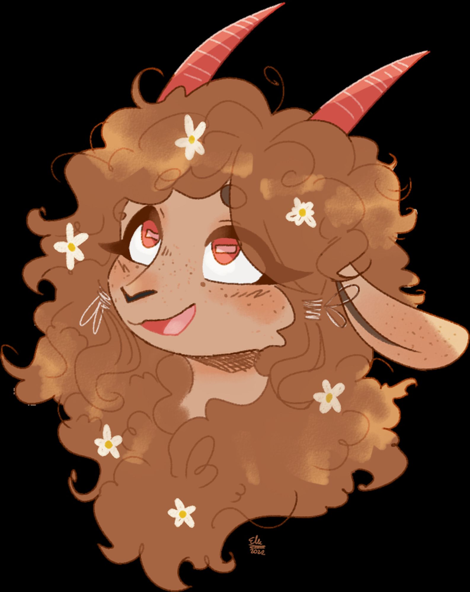 Portrait of a brown-furred, freckled anthro sheep character with a storm of curly brown hair. She has red eyes and red horns sticking from her hair, and white tiny flowers in the hair.