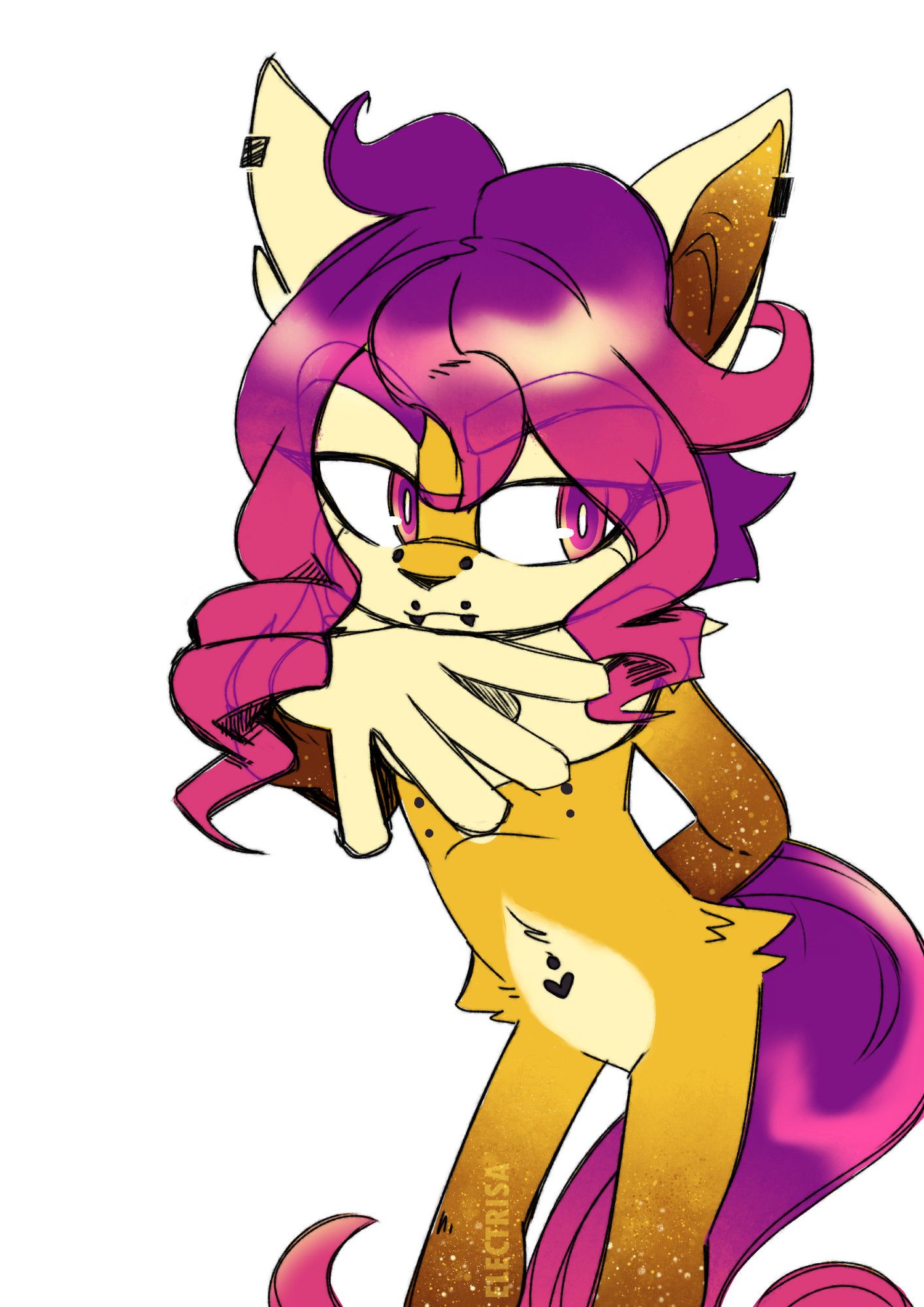 Coloured sketch of a yellow and brown furred horse-hare anthro character with long purple and pink hair and tail, striking a pose with a hand under his chin.