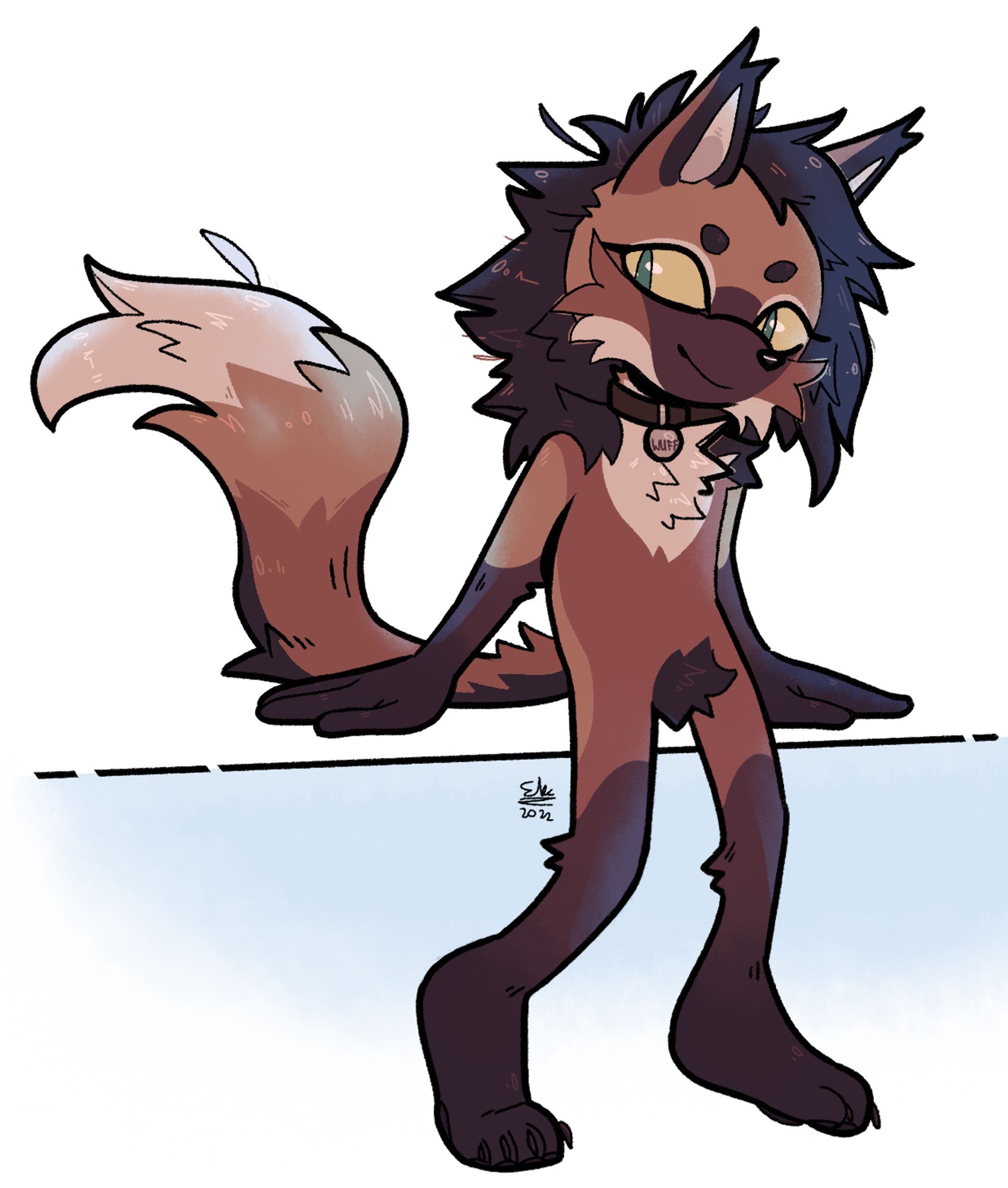 Anthro maned wolf character with fur in various shades of brown and a dark mane. She's wearing a collar with 'wuff' written on it.