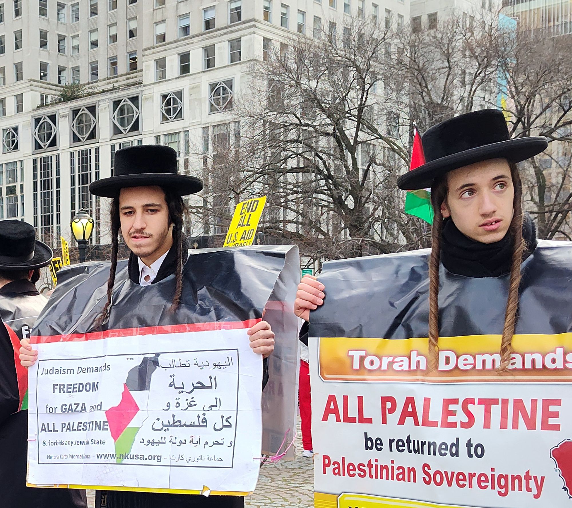 two religious (hadidic or othodox) jewish with men with black hats, and side curls (payot). one is looking to the right and one is looking down. they are among a line of religious protesters in solidarity with Palestine. . one signs reads torah demands all Palestine be returned to Palestinian sovereignty.  the other sign reads freedom for gaza and all of palestine