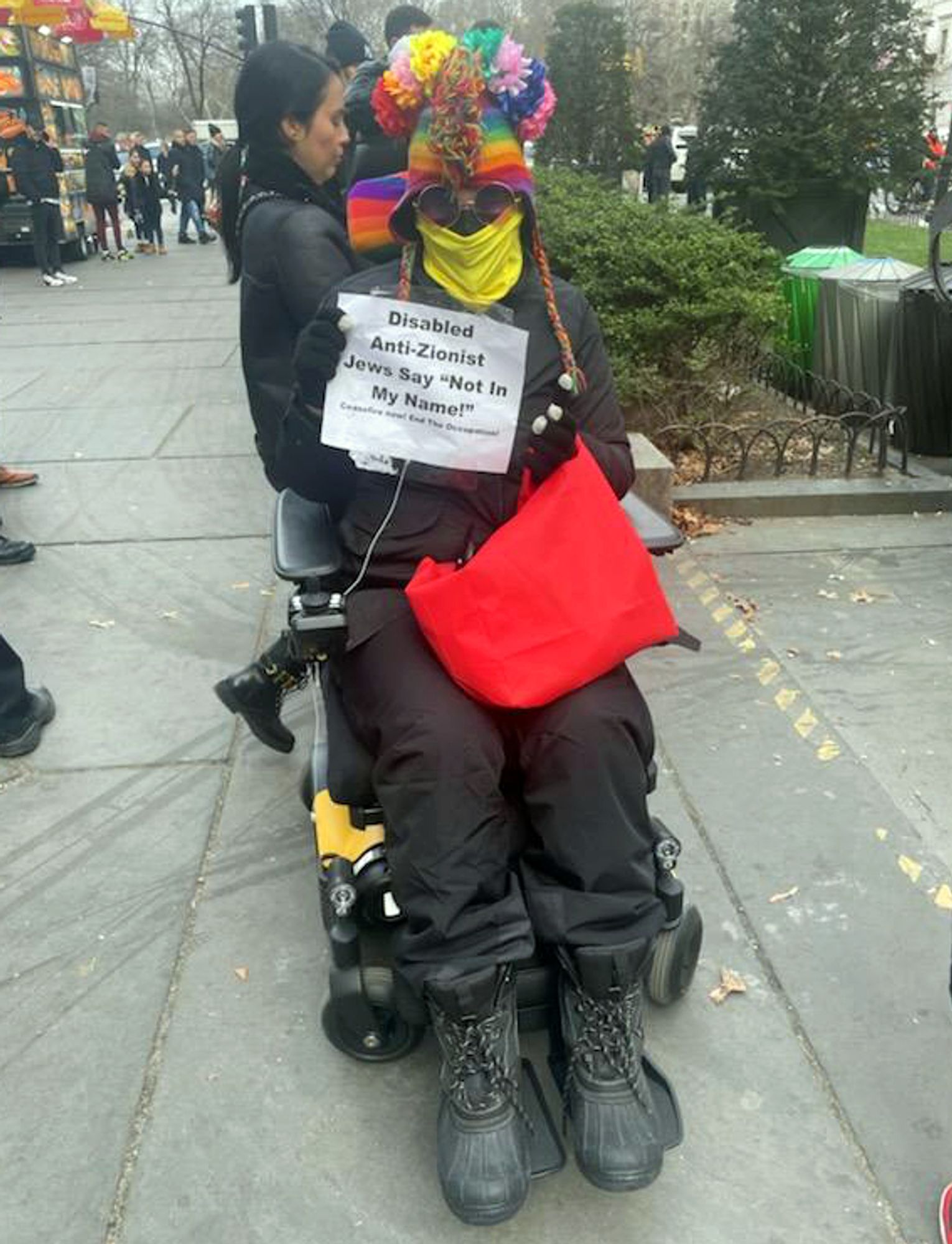 a photo of myself taken by my PCA. I am in a motorized wheelchair black with some yellow accents. I am wearing a rainbow mohawk hat with a rainbow flower crown headband going across it.  purple sunglasses round and medium sized, a yellow balaclava and under that a black mask because COVID is still a thing and it's cold today. I'm wearing a black winter coat, snow pants and winter boots. I am holding a red bag and my sign that reads "disabled anti-zionist jews say not in our name. ceasefire now. end the occupation"