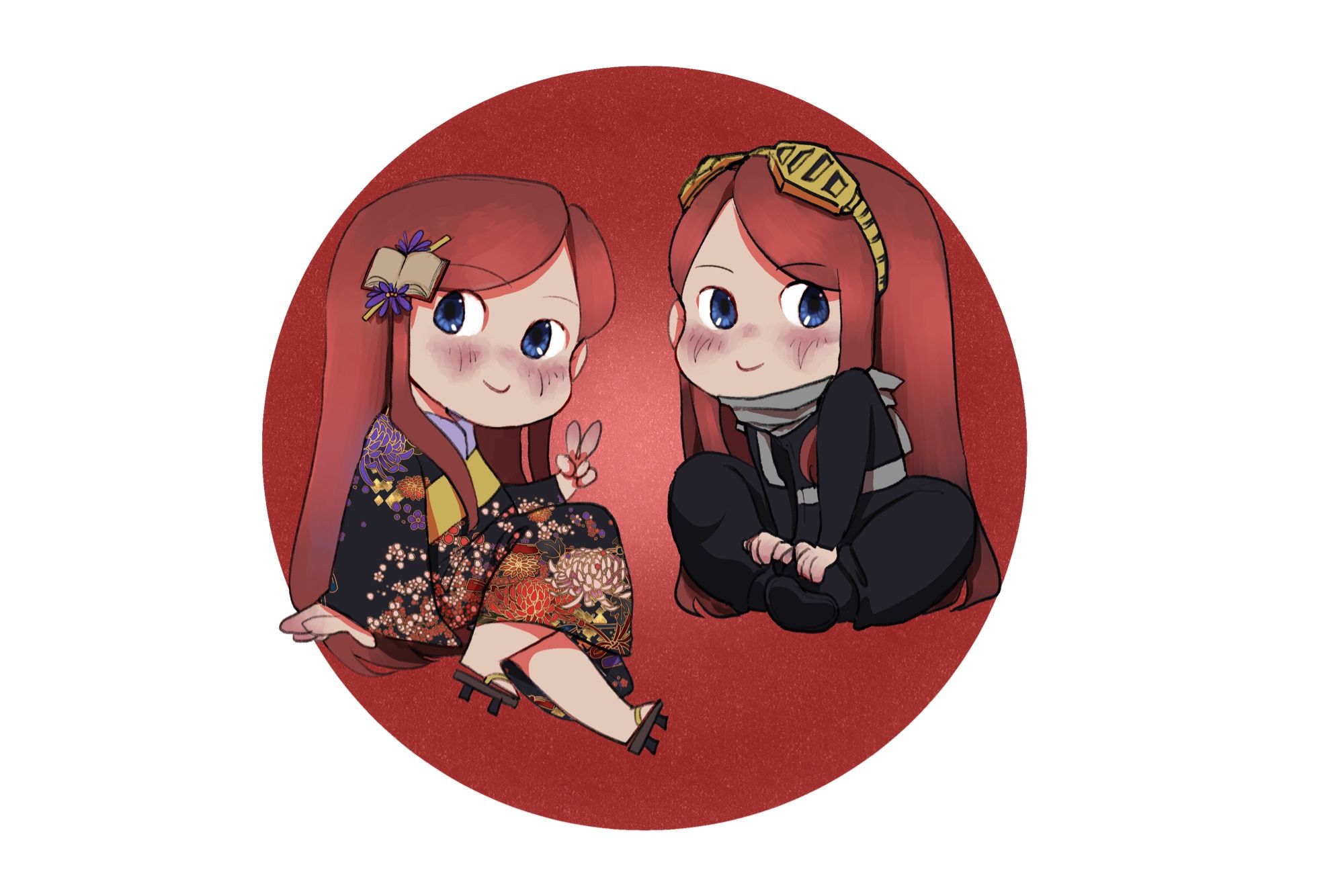 Two girls sitting next to each other. Both have blue eyes and red hair. The background is a red circle. The left one is wearing a japanese kimono and has a book-hairpin, the right one wears aizawas black jumpsuit, including his capture scarf and yellow goggles