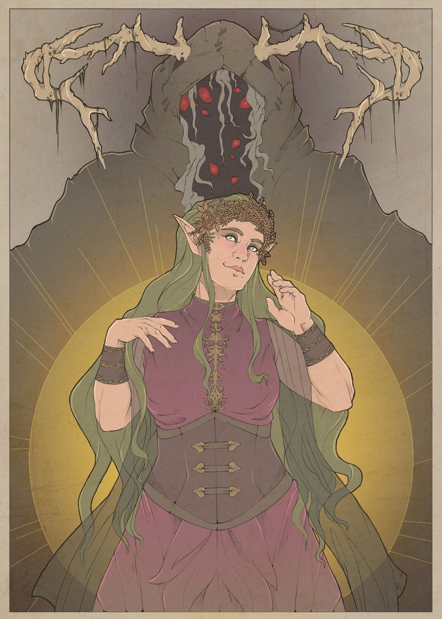 Digital drawing of an original character Eve. They are wearing maroon, brown and gold clothing with a sheer drape around their arms. They have long, green hair and a crown of grain around their head. Behind them is a figure hidden under a brown cape with antlers and multiple red eyes.