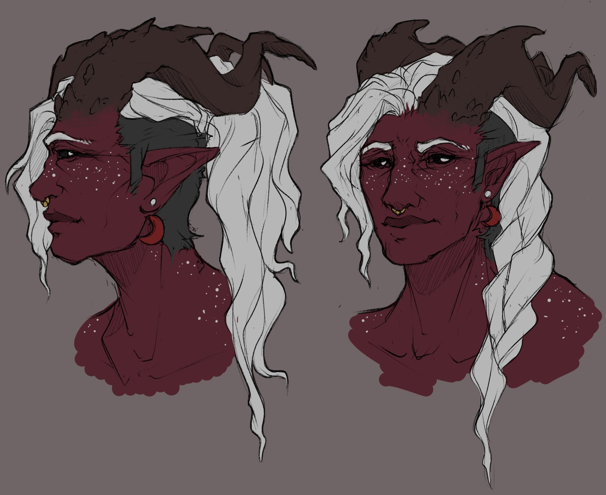 Two portrait drawings of a tiefling D&D character with maroon skin, white hair, silver freckles and brown horns. Her eyes are black and silver, and she's wearing red and white moon shaped earrings.