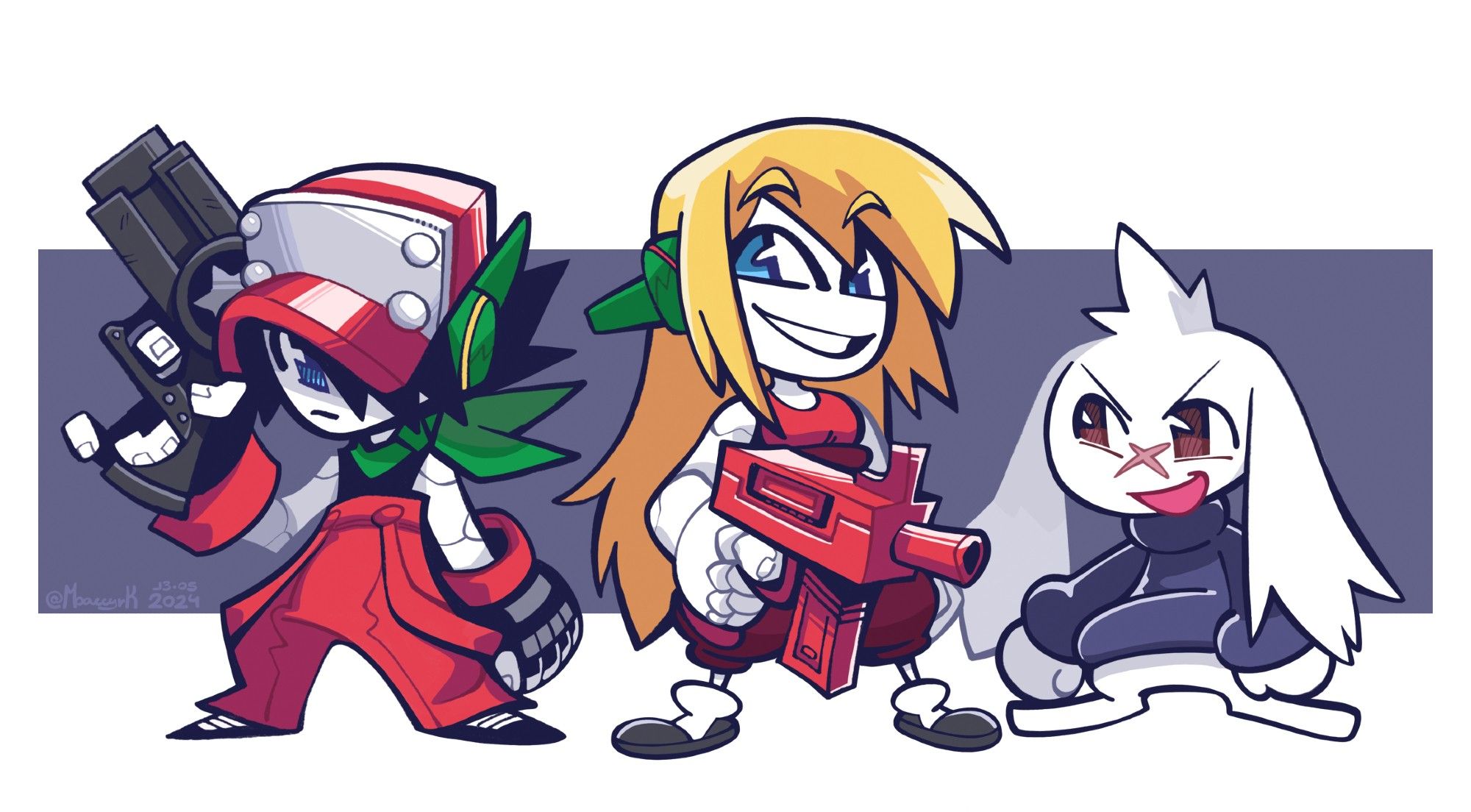 Desenho de 3 Personagens do jogo Cave Story: Quote, Curly Brace e Sue (forma Mimiga).