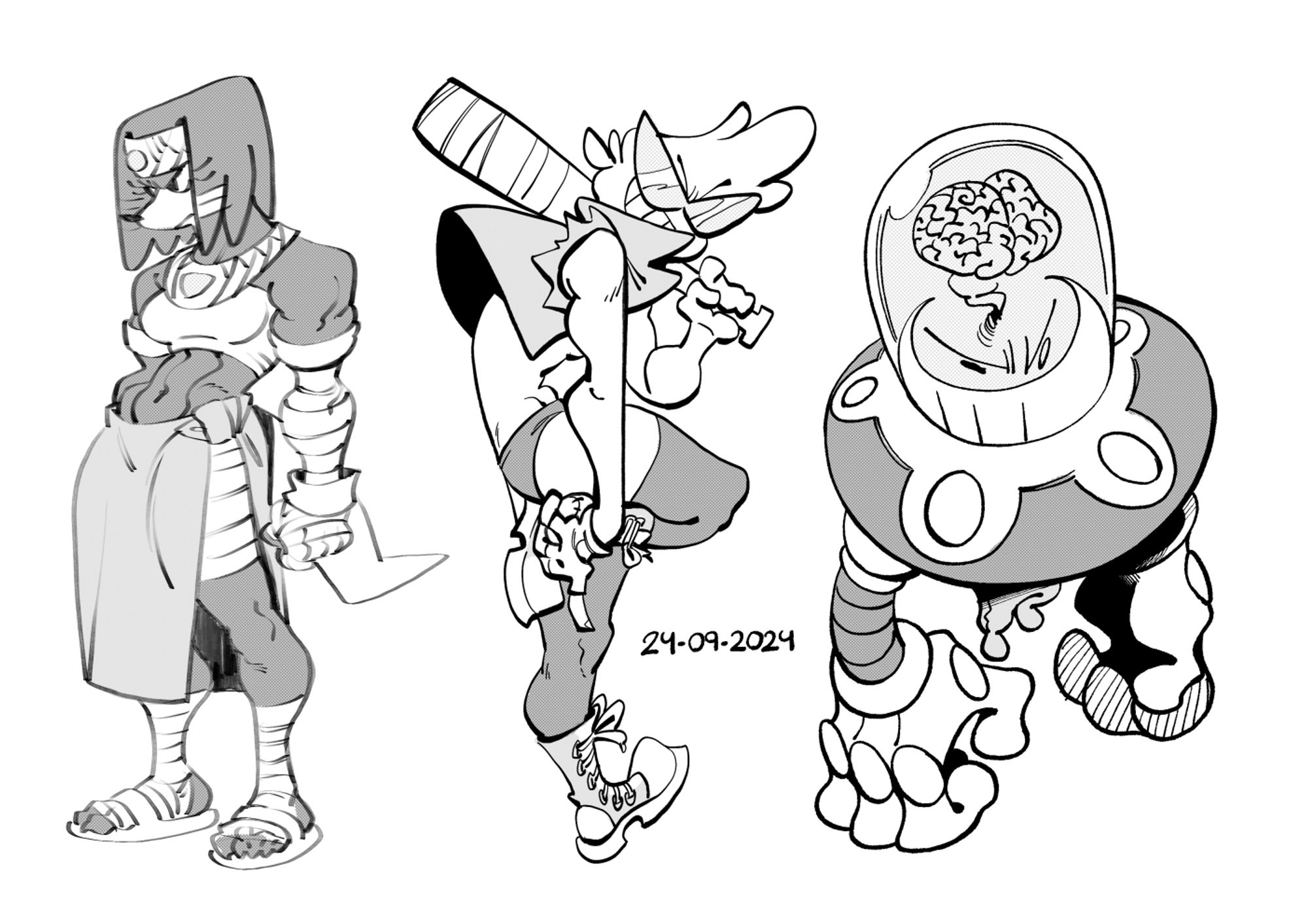 A drawing with 3 characters: Tikal The Echidna but with more muscles, a punky girl armed with a baseball bat and a UFO shaped robot with a brain that can be seen on the huge transparent glass it has for a head.