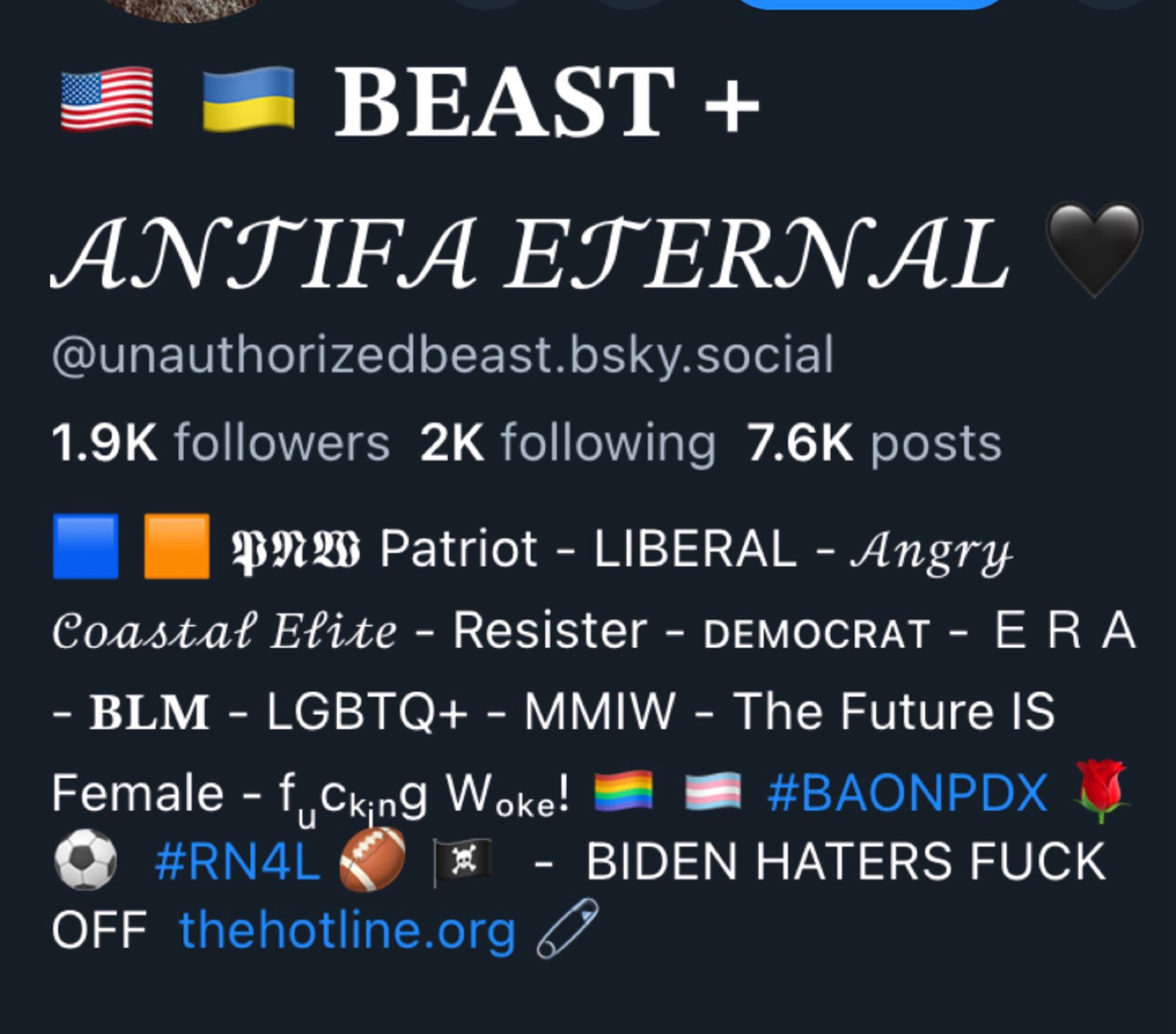 ANTIFA ETERNAL
@unauthorizedbeast.bsky.social
1.9K followers 2K following 7.6K posts
19125 Patriot - LIBERAL - Angry
Coastal Elite - Resister - DEMOCRAT - ER A
- BLM - LGBTQ+ - MMIW - The Future IS
Female - f„Cking Woke!
- #BAONPDX
#RN4L
- BIDEN HATERS FUCK OFF