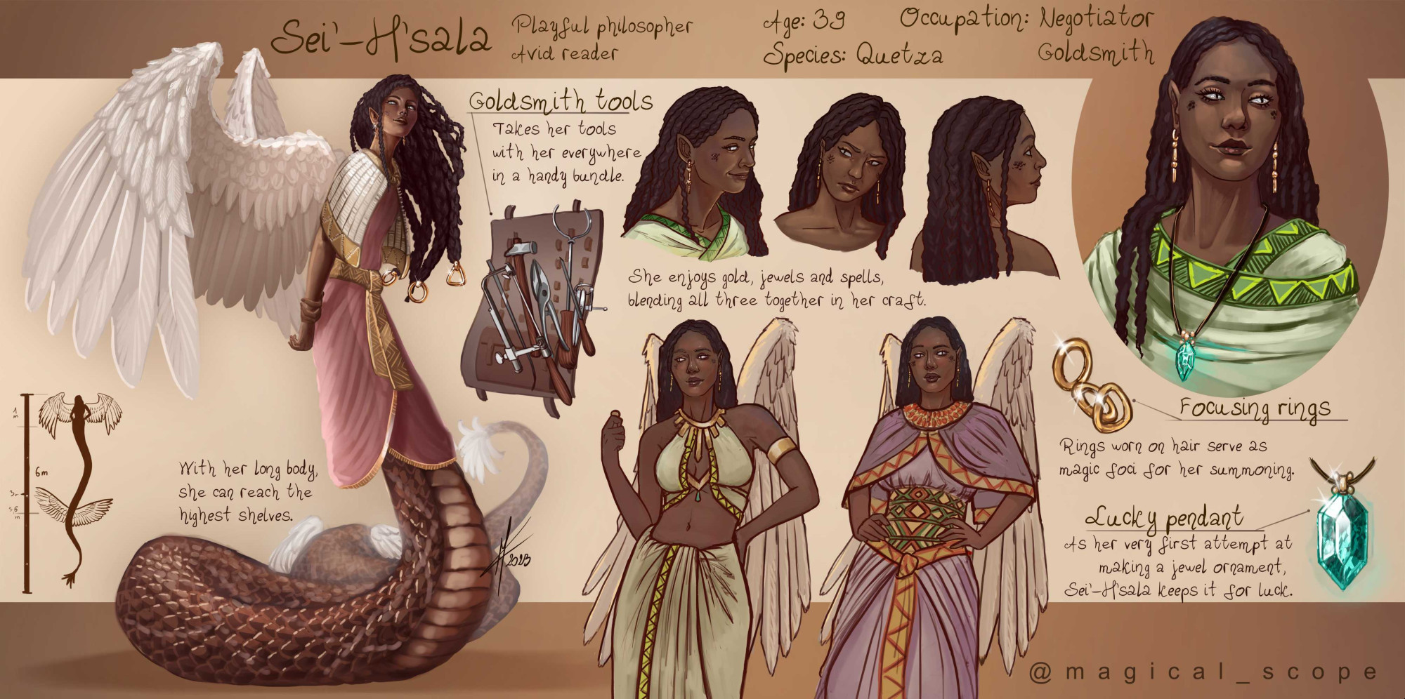 Character sheet for Sei'-H'sala (read: Say Hshala) a naga (snake tailed) dark skinned female character with a long brown tail and white wings. The sheet includes outfits and a set of goldsmith tools, as she is a goldsmith.