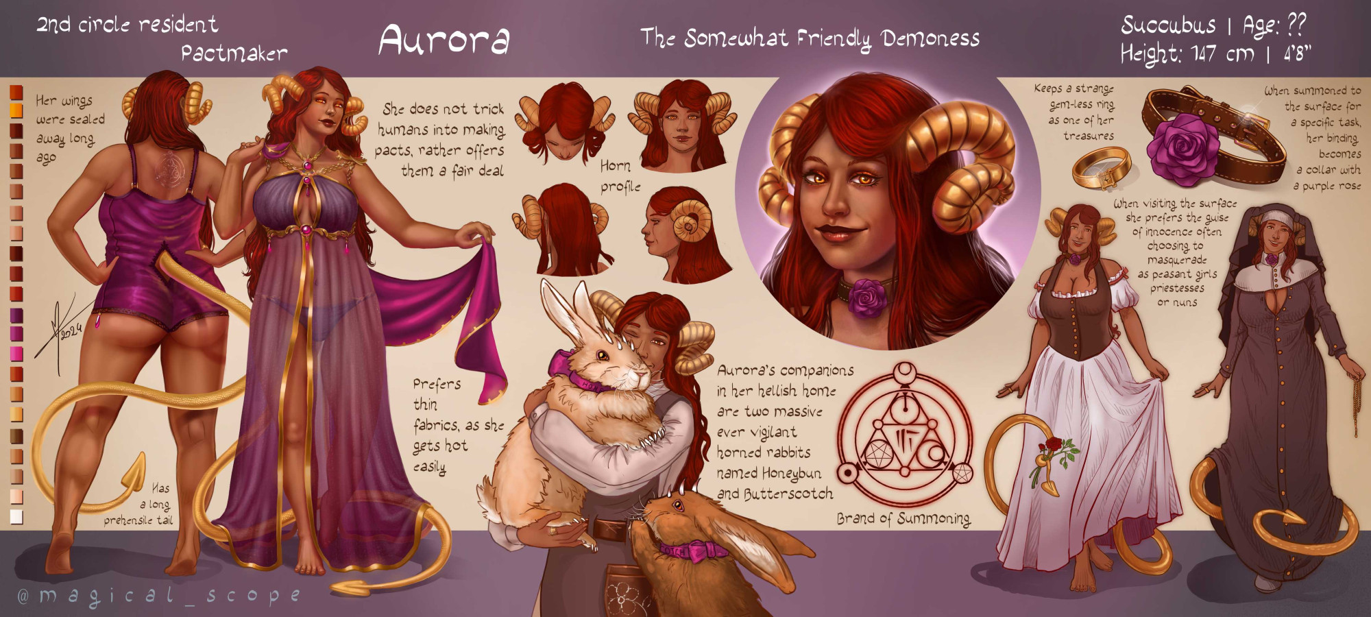 A character sheet for Aurora, a demon character, tan skinned with long red hair and orange eyes, with golden horns and tail. The sheet includes alternative outfits and two large rabbits - Butterscotch and Honeybun.