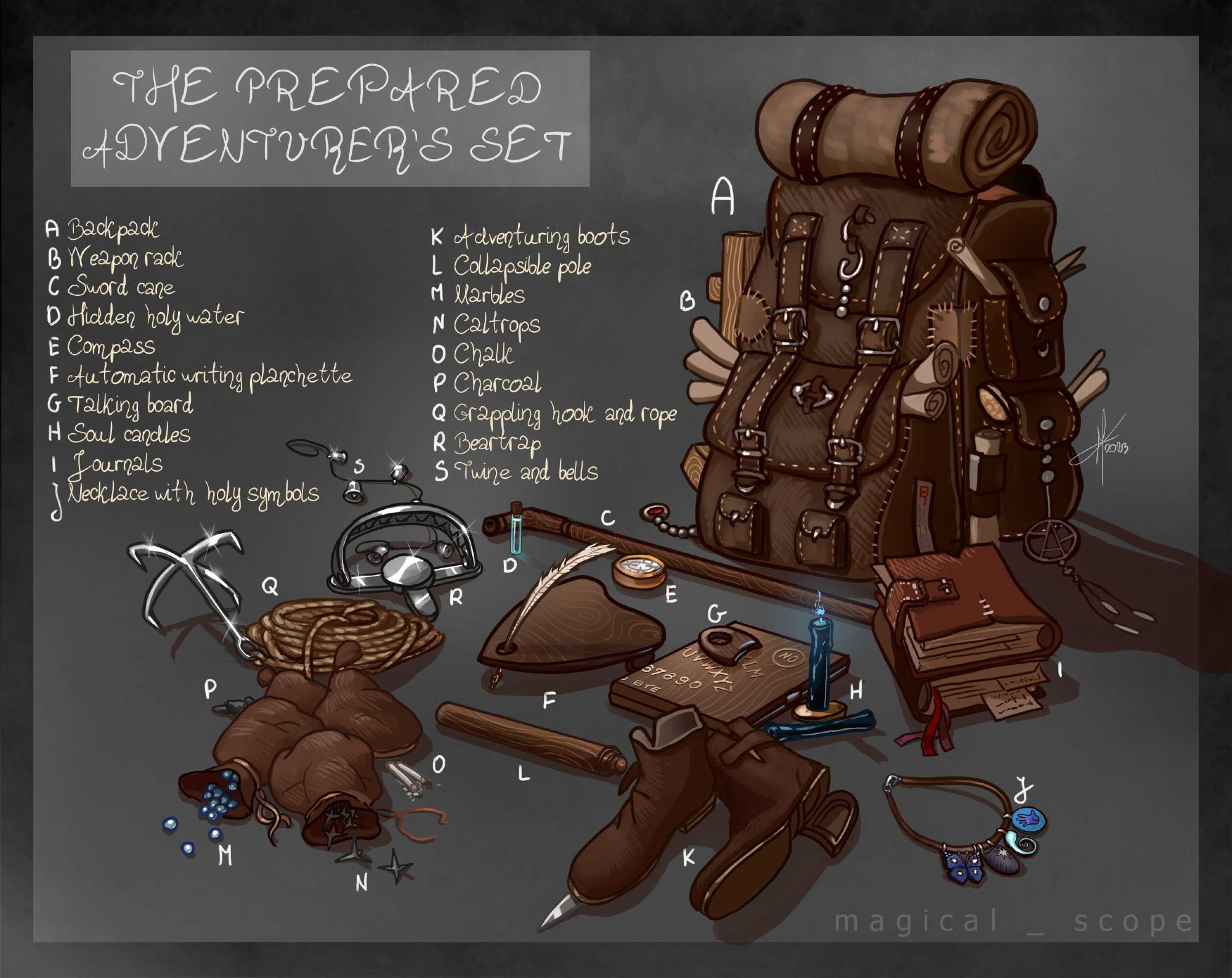 A bag with items belonging to a well-prepared adventurer, including tomes, ghost-hunting equipment, various religious symbols, traps, tools, a cane with a secret compartment and a grappling hook with rope.