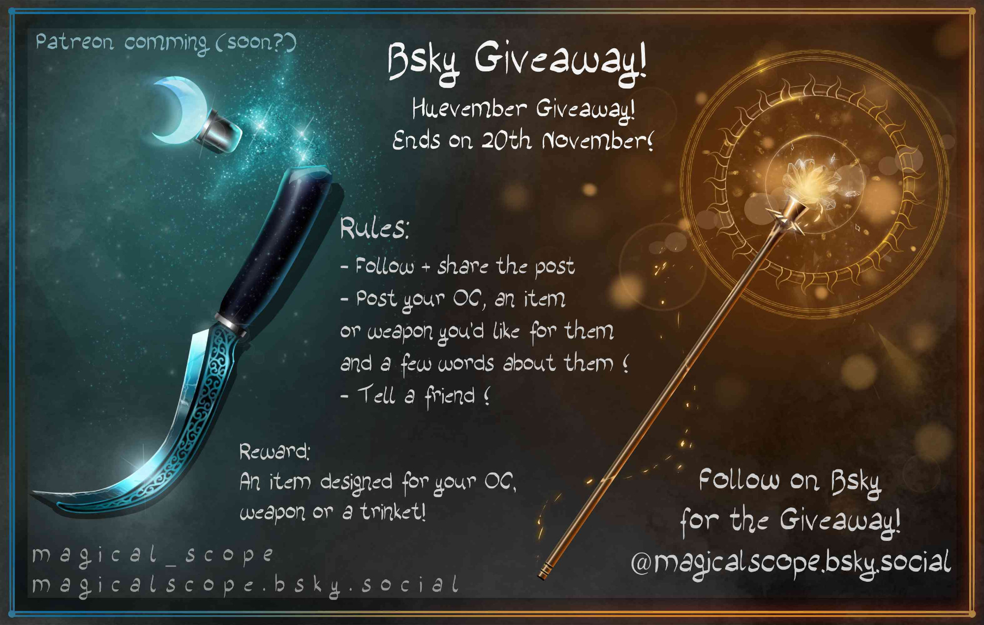 A giveaway for an item running till 20th November
Rules:
- Follow + share the post
- Post your OC, an item
or weapon you'd like for them
and a few words about them !
- Tell a friend !

Reward: 
An item designed for your OC,
weapon or a trinket!