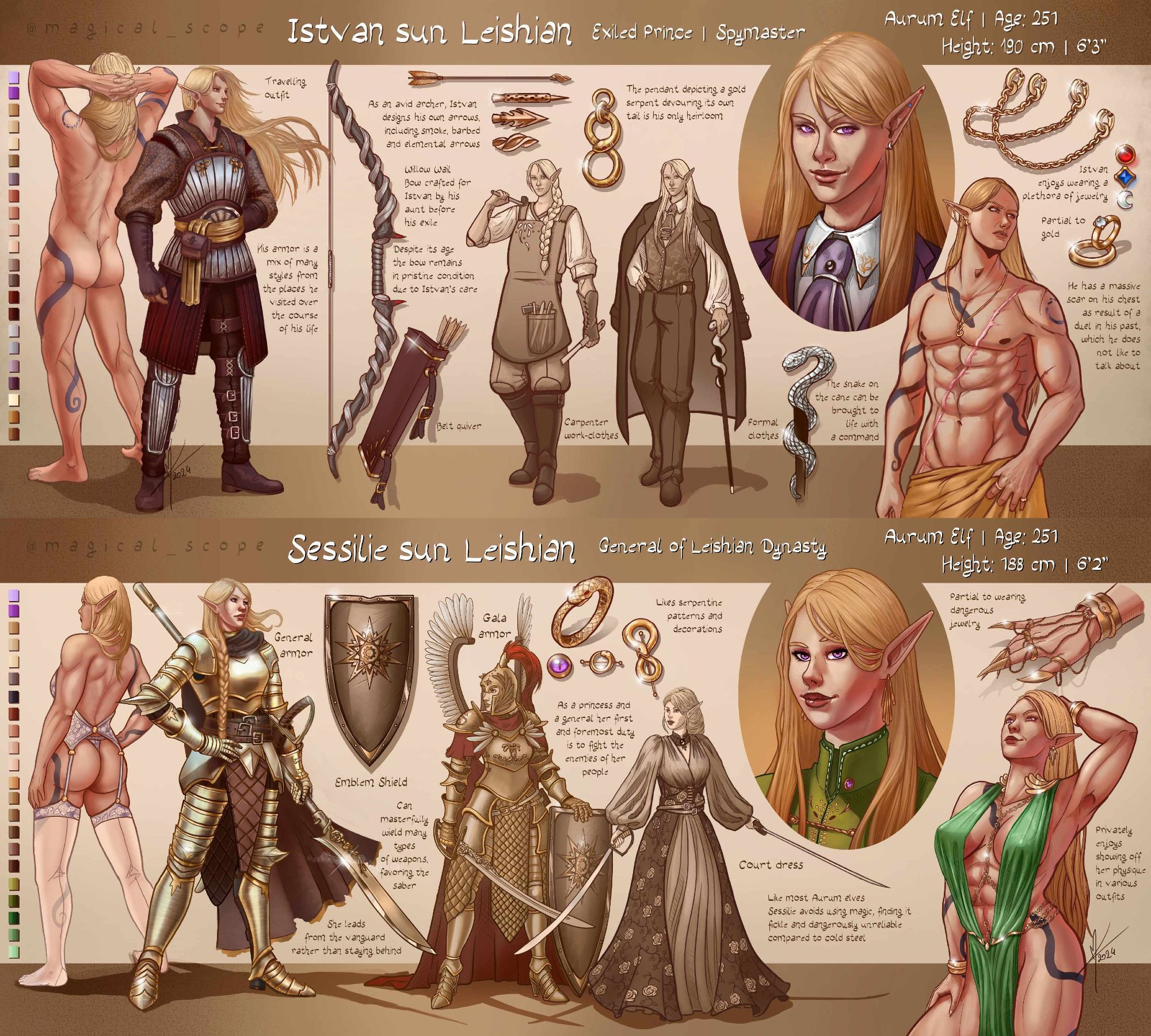 Character sheets for a pair of twins, Istvan and Sessili, both blonde with purple eyes and very physically fit. Sheet includes their weapons, trinkets and jewelry they enjoy to wear.