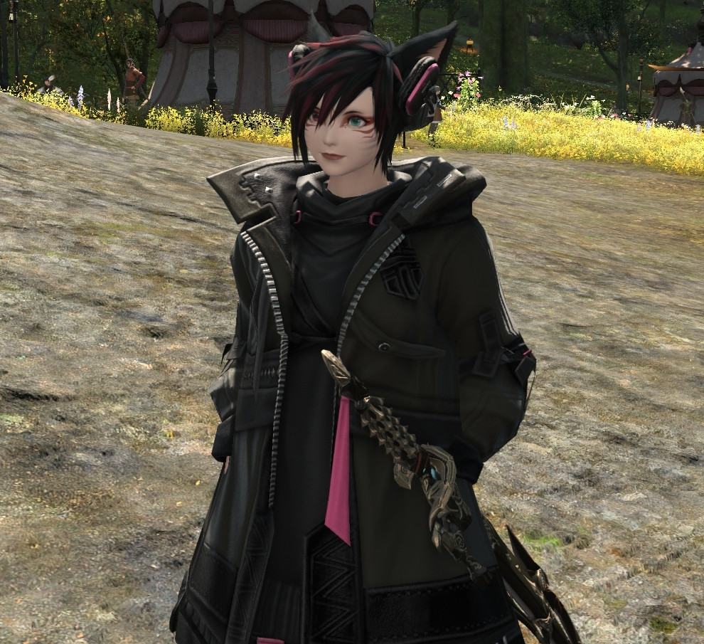 a screenshot of my ffxiv character Melody. she has black hair and fox ears, and wears a dark grey jacket and headphones