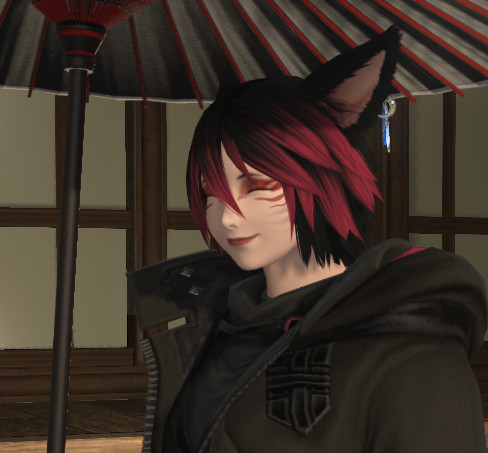 a final fantasy 14 character with fox ears, smiling happily with her eyes closed