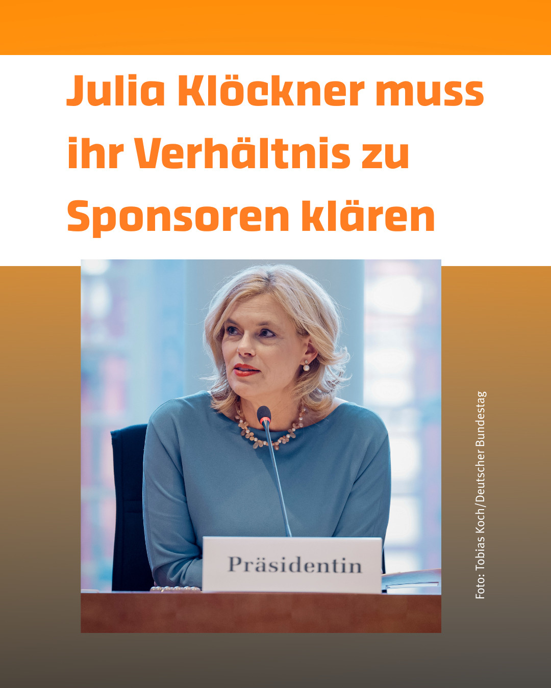 Gelbe Schrift vor weißem Hintergrund: Julia Klöckner muss ihr Verhältnis zu Sponsoren klären. Foto: Tobias Koch / Deutscher Bundestag 