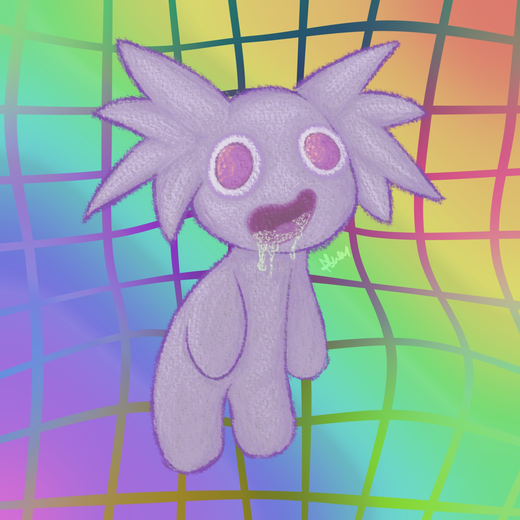 goofy purple creature with short, spiky pigtail things on its head. the background is rainbow with a warped crosshatch pattern.