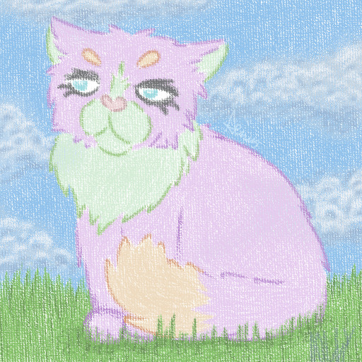 pink purple, orange, and green cat sitting on some grass.