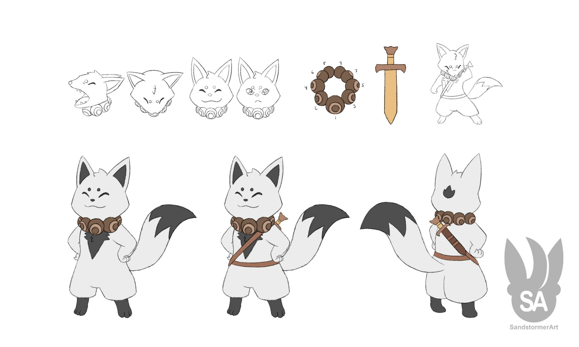 A white and black fox character. He wields a wooden sword.