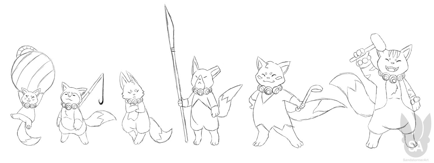 A sketch of 6 fox like characters lined up.