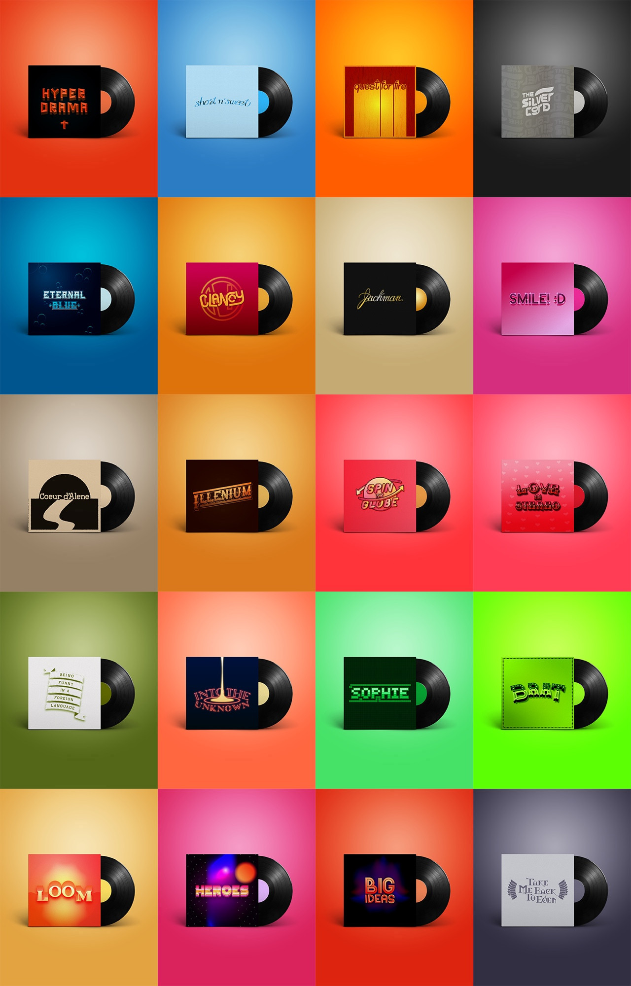 This is my monthly challenge so far! These are vinyl mockups of a custom set of album covers. From left-right, top-bottom, there's 20 albums. Hyperdrama by Justice, Short N' Sweet by Sabrina Carpenter, Quest For Fire by Skrillex, The Silver Cord by KGATLW, Eternal Blue by Spiritbox, Clancy by Twenty One Pilots, Jackman. by Jack Harlow, Smile! :D by Porter Robinson, Couer D'alene by CVBZ, ILLENIUM by ILLENIUM, Spin the Globe by Connor Price, Love in Stereo by MAX, Being Funny in a Foreign Language by The 1975, Into the Unknown by NERO, SOPHIE by SOPHIE, brat by Charli XCX, LOOM by Imagine Dragons, Heroes by The Midnight, Big Ideas by Remi Wolf, and Take Me Back to Eden by Sleep Token