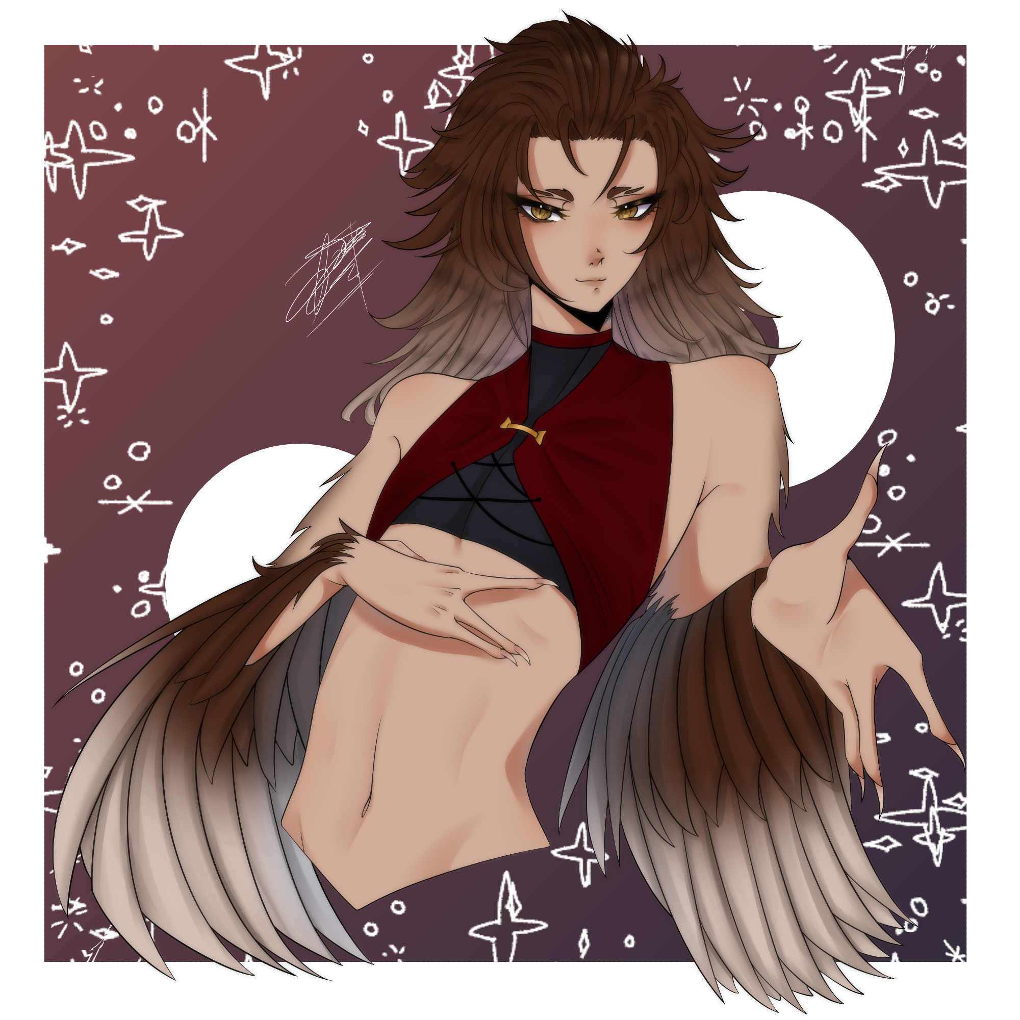 waist up art of a humanoid original character with birdlike features