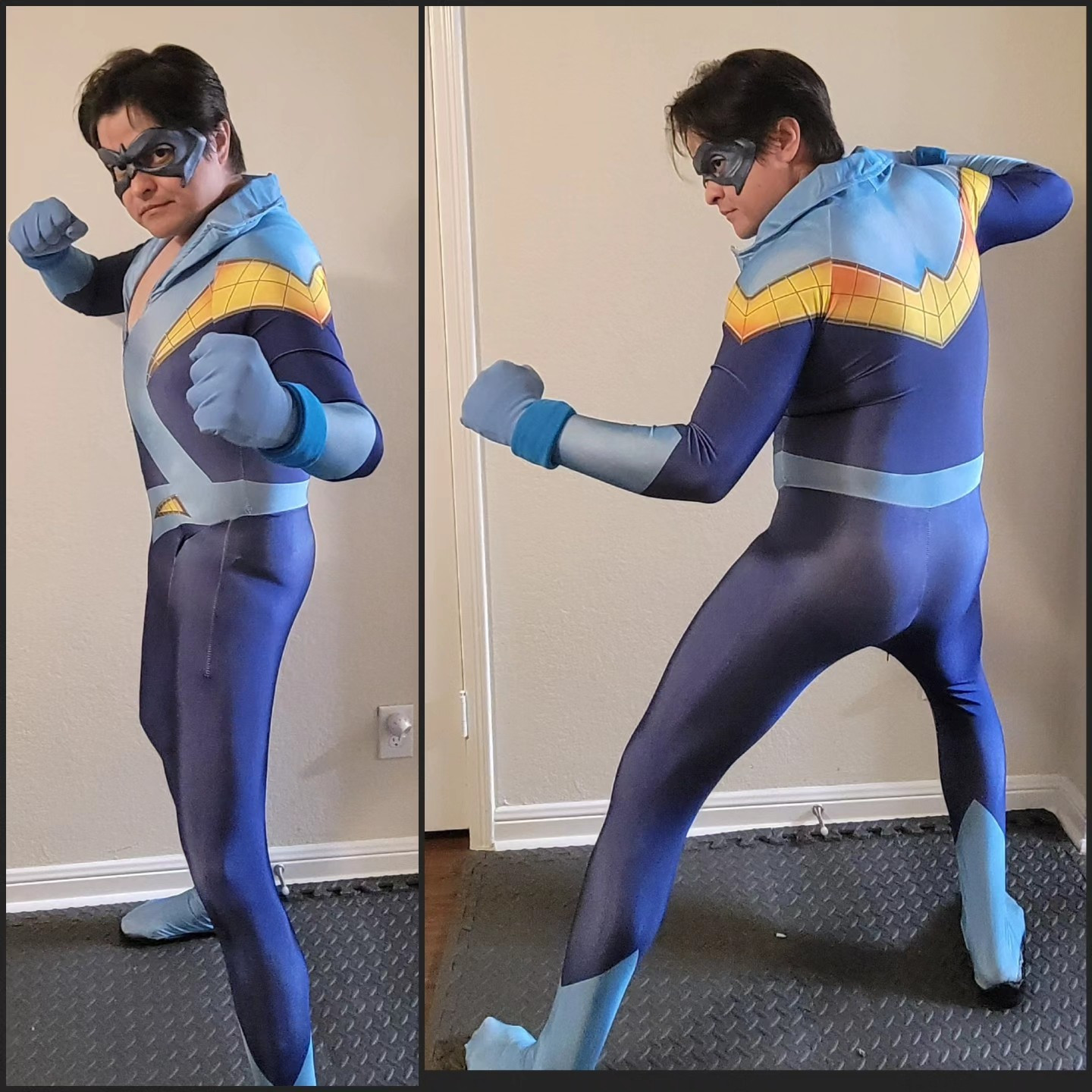 Man in 1970s era Nightwing costume striking two poses side by side. One facing camera with fists raised and knees slightly bent in a wide stance. The other viewed from behind in the same pose.