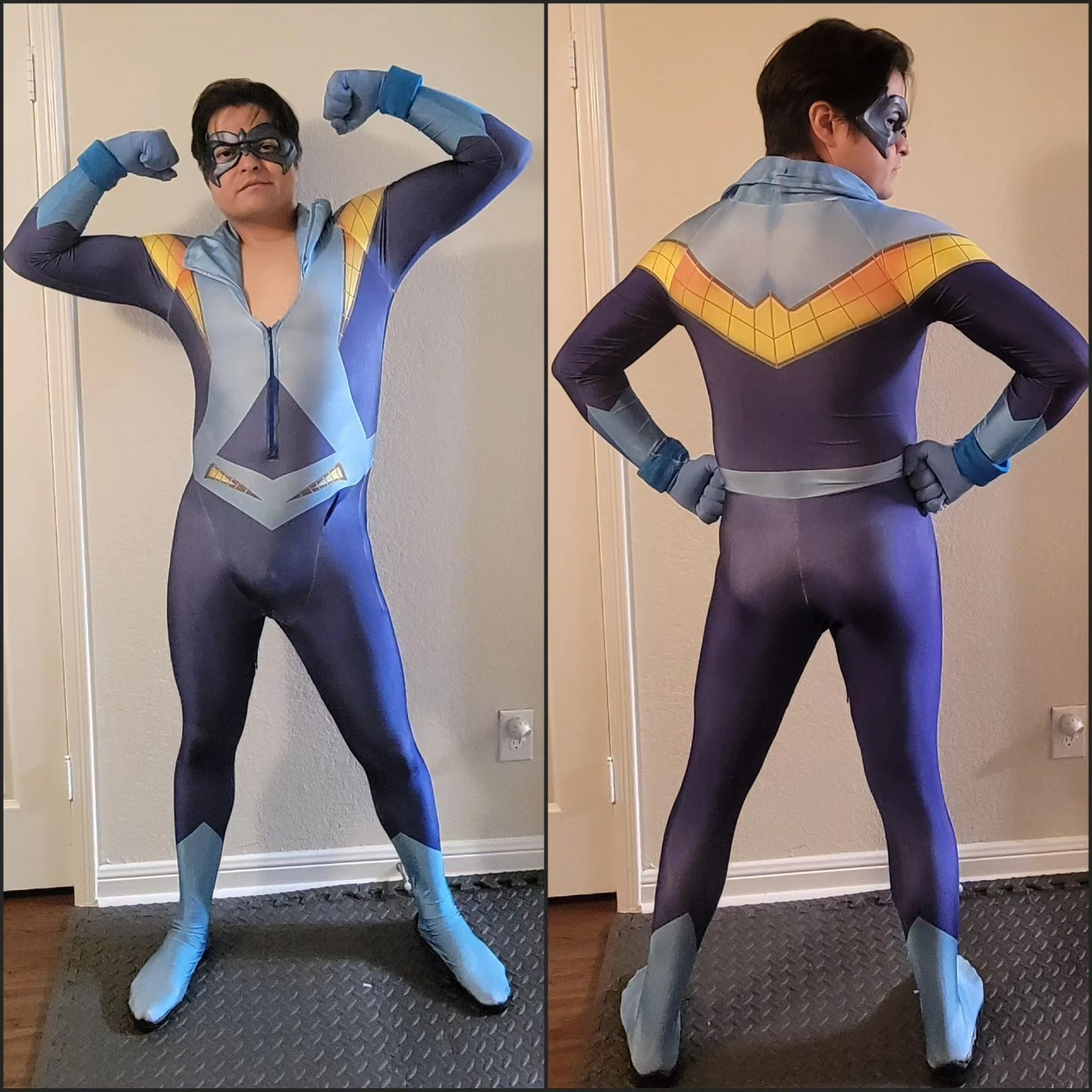 Man in 1970s era Nightwing costume with two poses side by side. On the left he is facing the camera with arms flexed upward.  On the right his back is facing the camera with hands on his hips; his head turns slightly to look over his shoulder