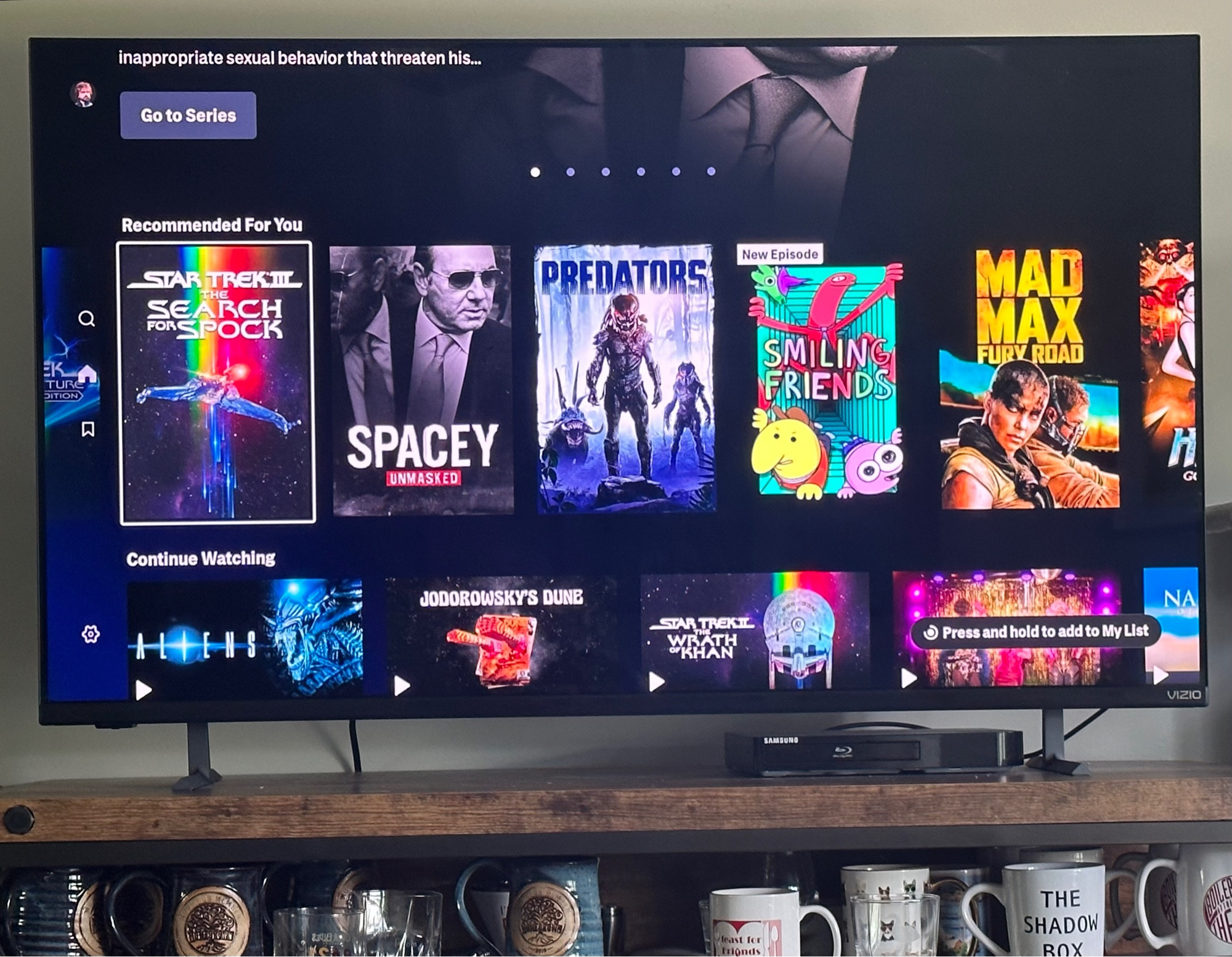 A photo my TV showing the Max “Recommended For You” row, with the second two movies being the Kevin Spacey documentary right next to the sci-fi movie titled Predators.