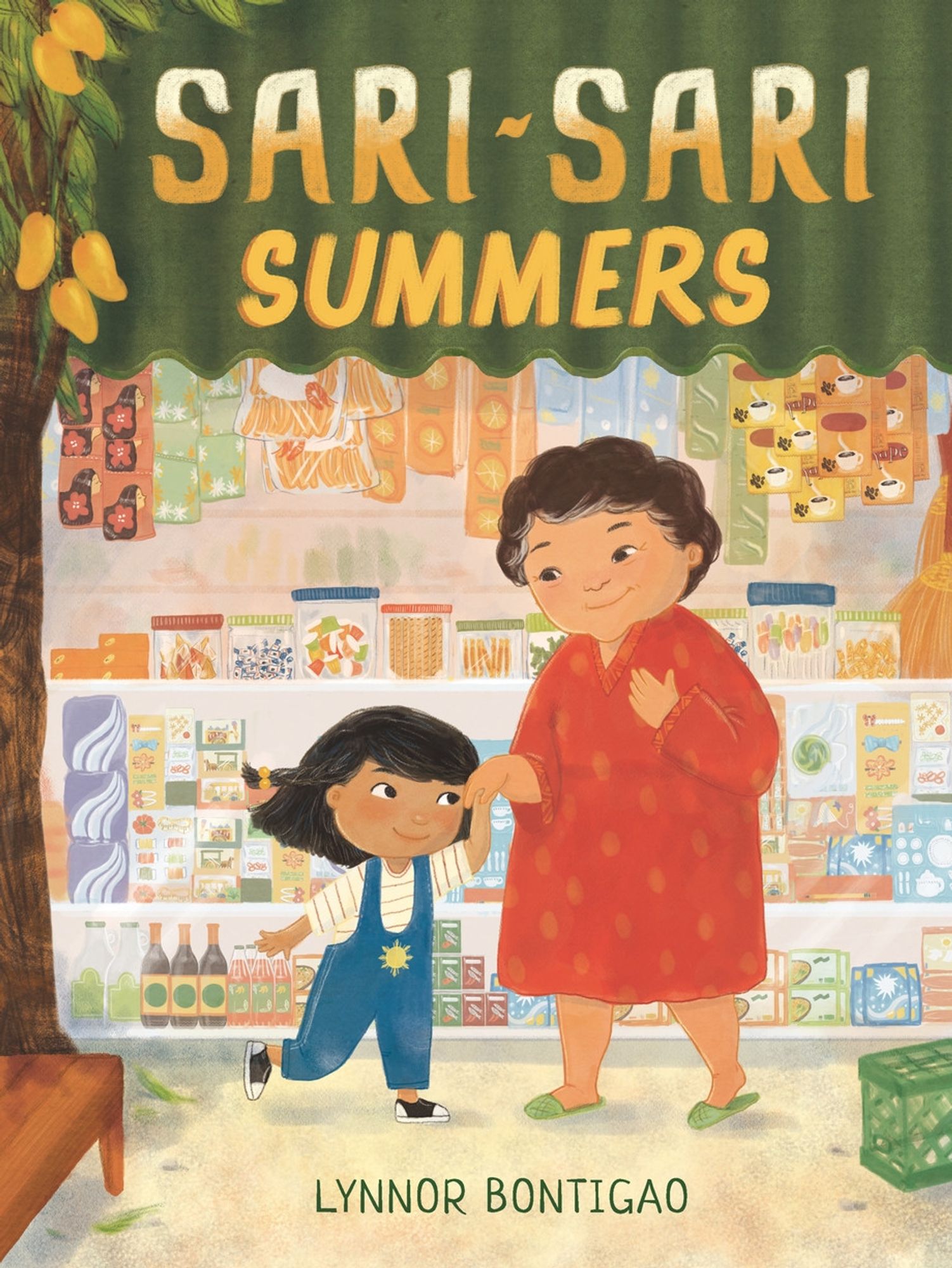 Cover of a children’s picture book titled Sari-Sari Summers by Lynnor Bontigao. A warm illustration of a smiling girl with black hair, wearing blue overalls, holding the hand of a smiling older woman with greying hair. They are standing in front of a cosy convenience store filled with sweets, snacks and condiments.