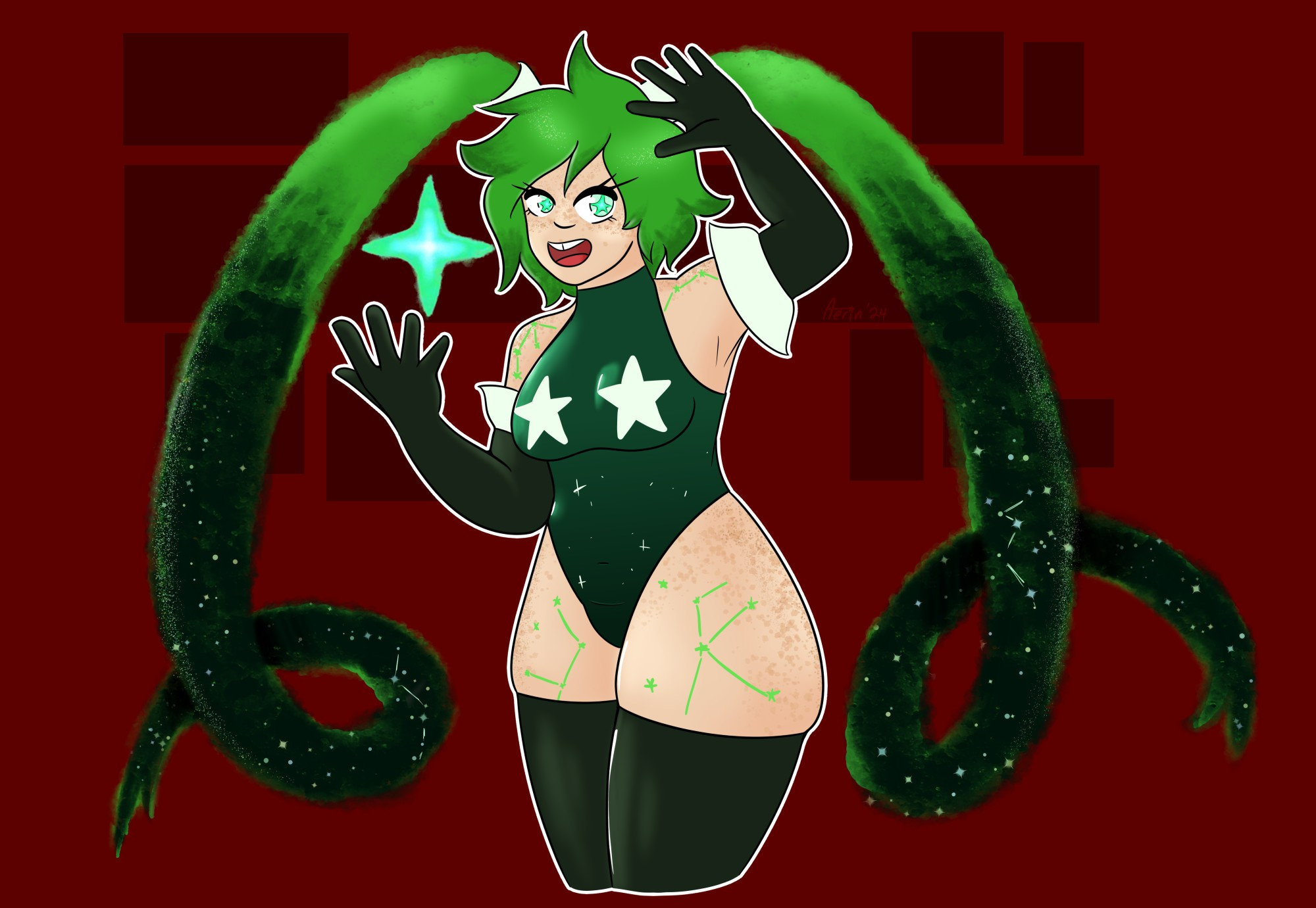 digital art of a woman in a leotard, gloves, and thigh highs, revealing her hips and thighs, her shoulders are also exposed. The leotard is green with white stars on the breast area. Her hair is in curly pigtails that gradient from a bright green to an almost black. there are specks of light in the dark parts emulating stars. On the exposed parts of her body she has freckles and green constellation tattoos. She has a bight and happy expression on her face. The background is a plain red with deeper red boxes to frame her face region