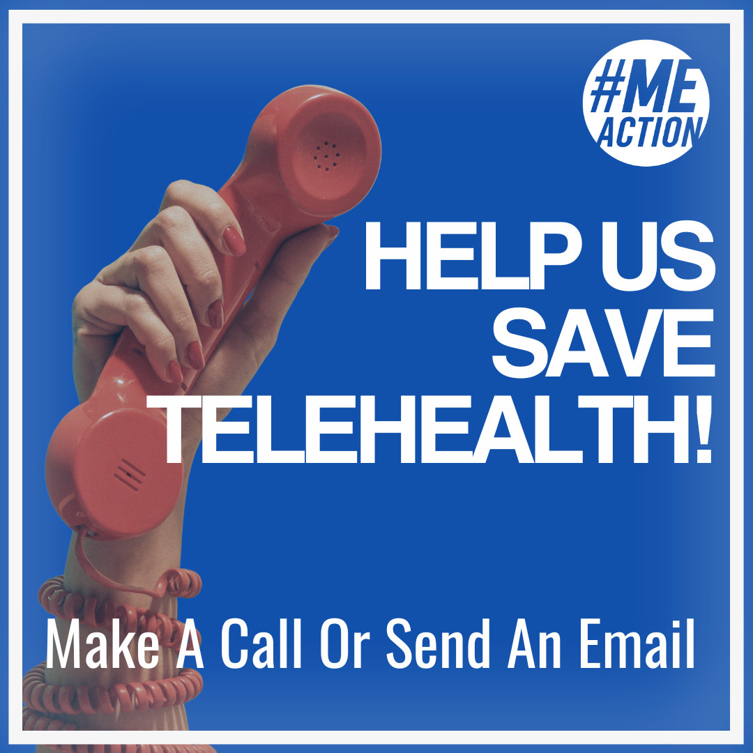 blue square image with a white frame. On the left side is a white hand holding a red phone with a cord wrapped around the wrist. MEAction logo at top right. Text in white font: help us save telehealth! Make a call or send an email