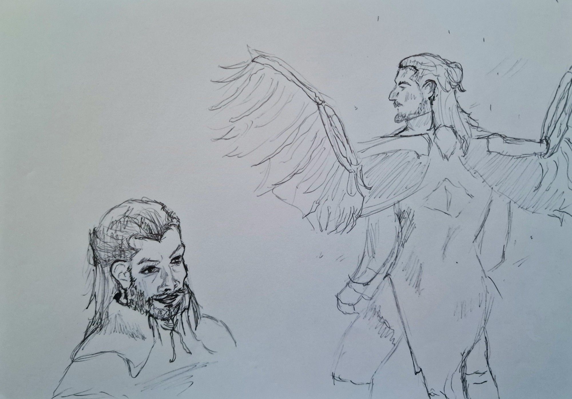 Two Ballpoint/Fineliner sketches of Lucanis Dellamorte from Dragon Age: The Veilguard. A 3/4 portait of him smirking, followed by one with him mid-turn, wings extended.