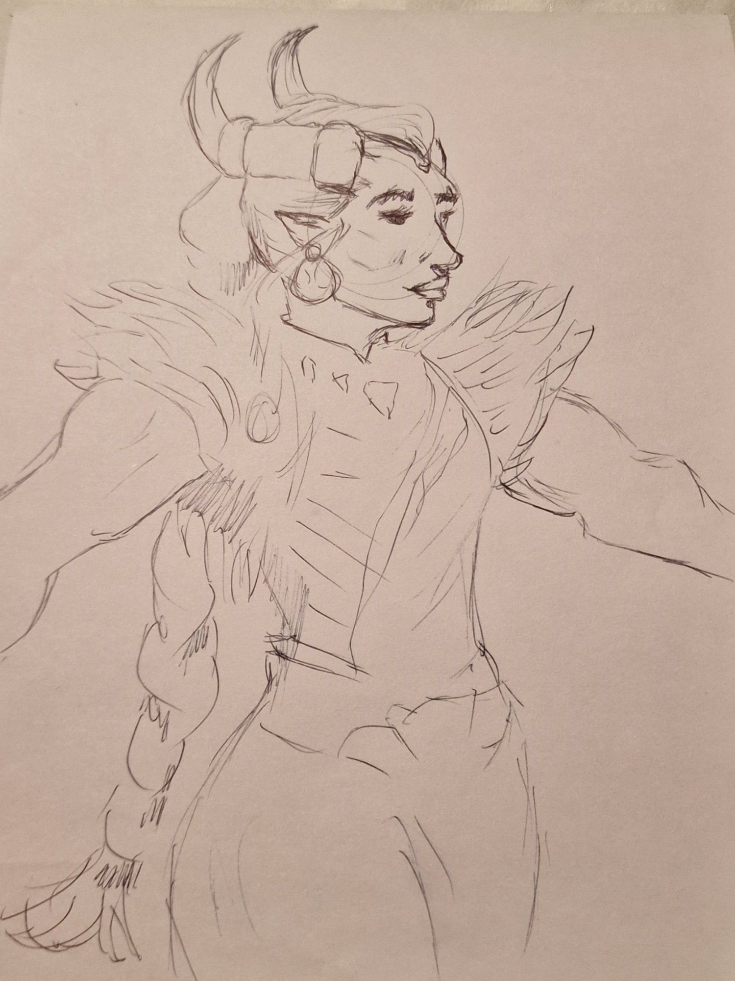 Ballpoint sketch interpretation of Taaah, Lord of Fortune, Dragon Hunter and likely queen of everything she surveys. In particular her tarot card art with arms held wide facing to the left.