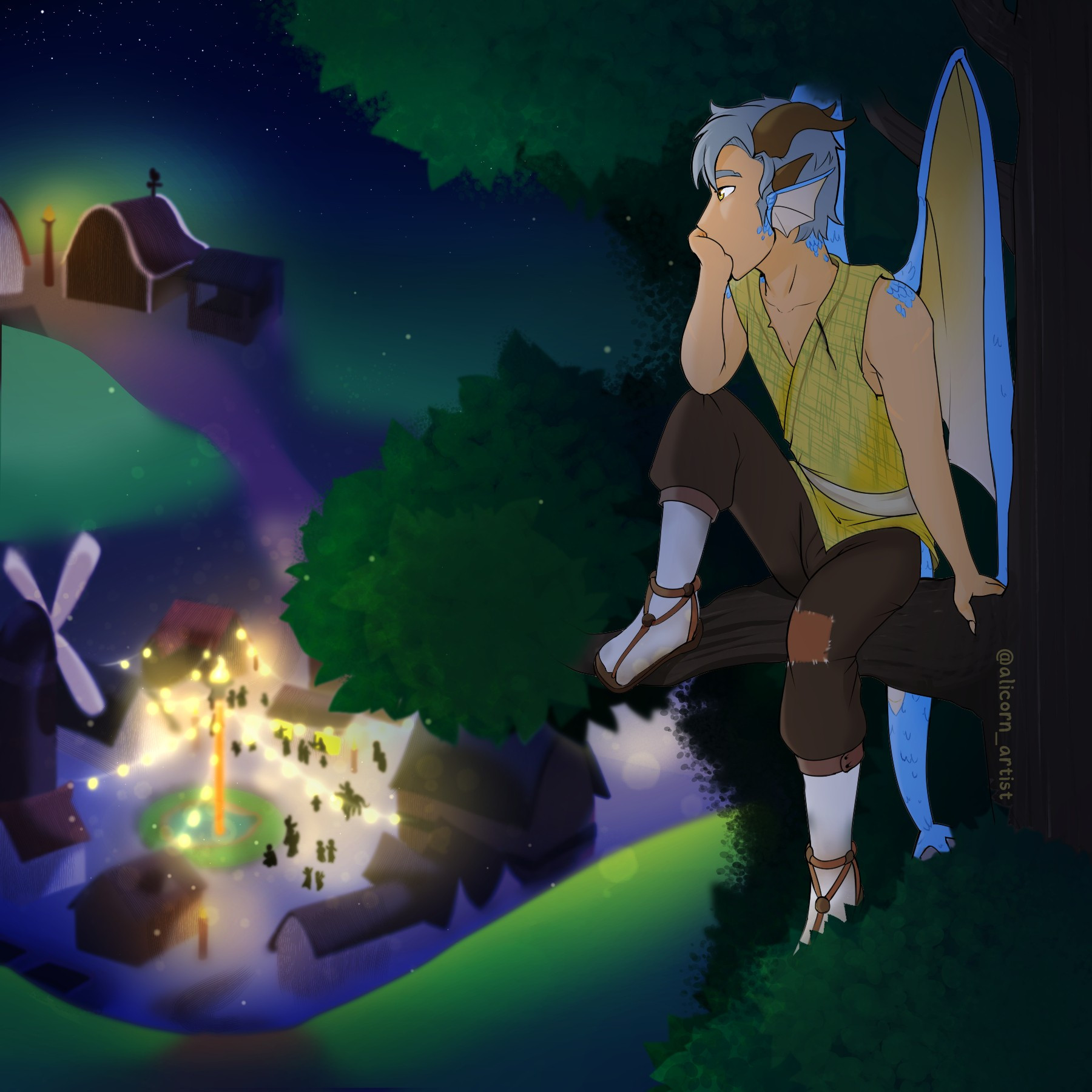 a half-dragon boy sitting in a tree top, overlooking a village festival at night.