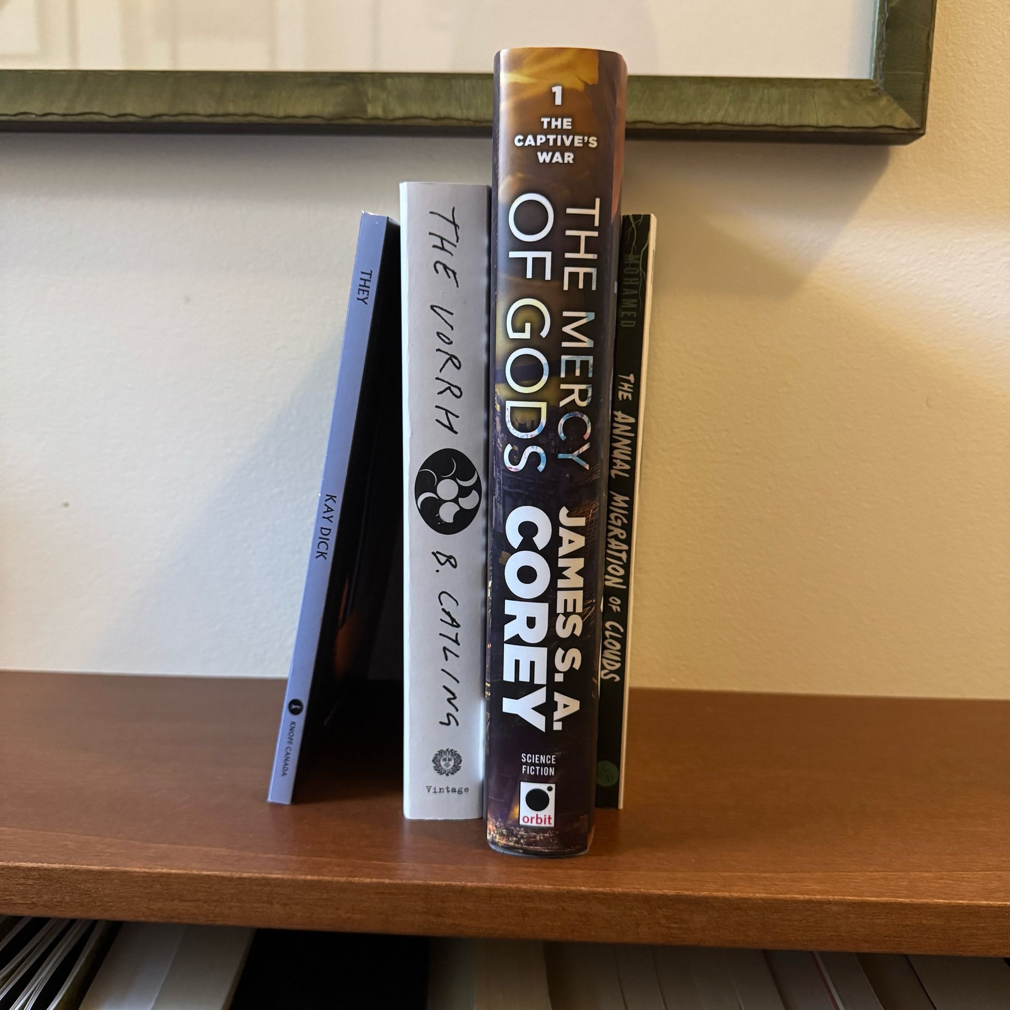 A handful of books on display with the book spines facing the viewer. From left to right the books are “They” by Kay Dick, “The Vorrh” by B. Catling, “The Mercy of Gods” by James S.A. Corey, and “The Annual Migration of Clouds” by Premee Mohamed.