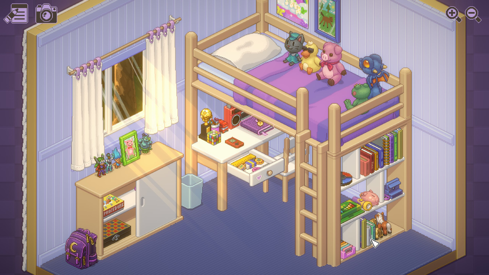 A completed version of Unpacking's first level. The loft bed has plushies carefully arranged, items have been sorted onto the bookshelves, and it's all nice and tidy and cute.