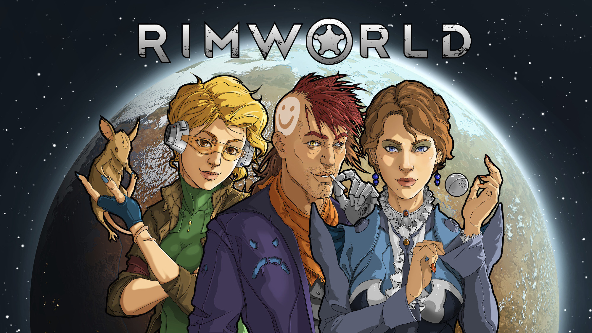 Rimworld's cover art, featuring the three storytellers. A blonde woman with a headset holds a strange mammalian creature, a redhead man with a half-shaven head toys with something using his robot hand, and a smartly-dressed woman with short brown hair in a suit that has power shoulders levitates a small orb around herself.