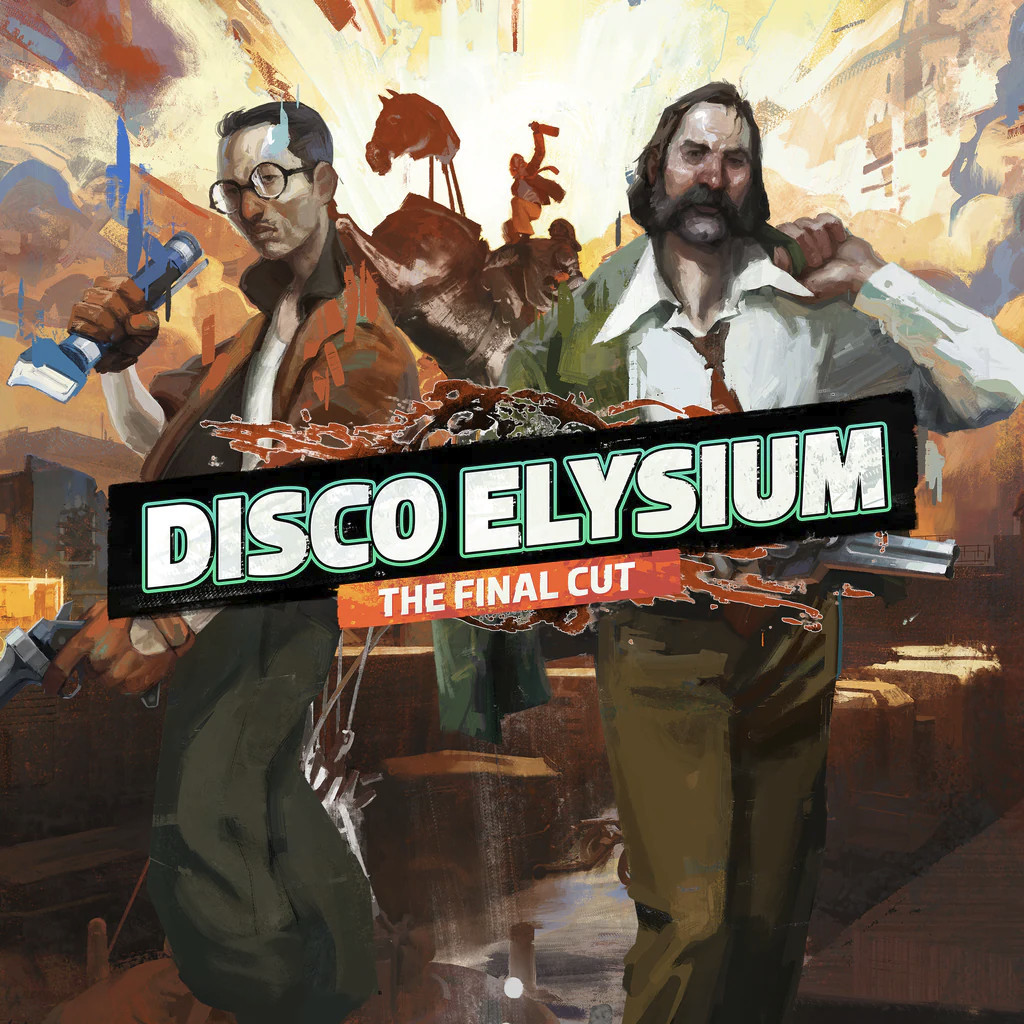 The cover to Disco Elysium, showing Kim & the main character in a painterly art style.