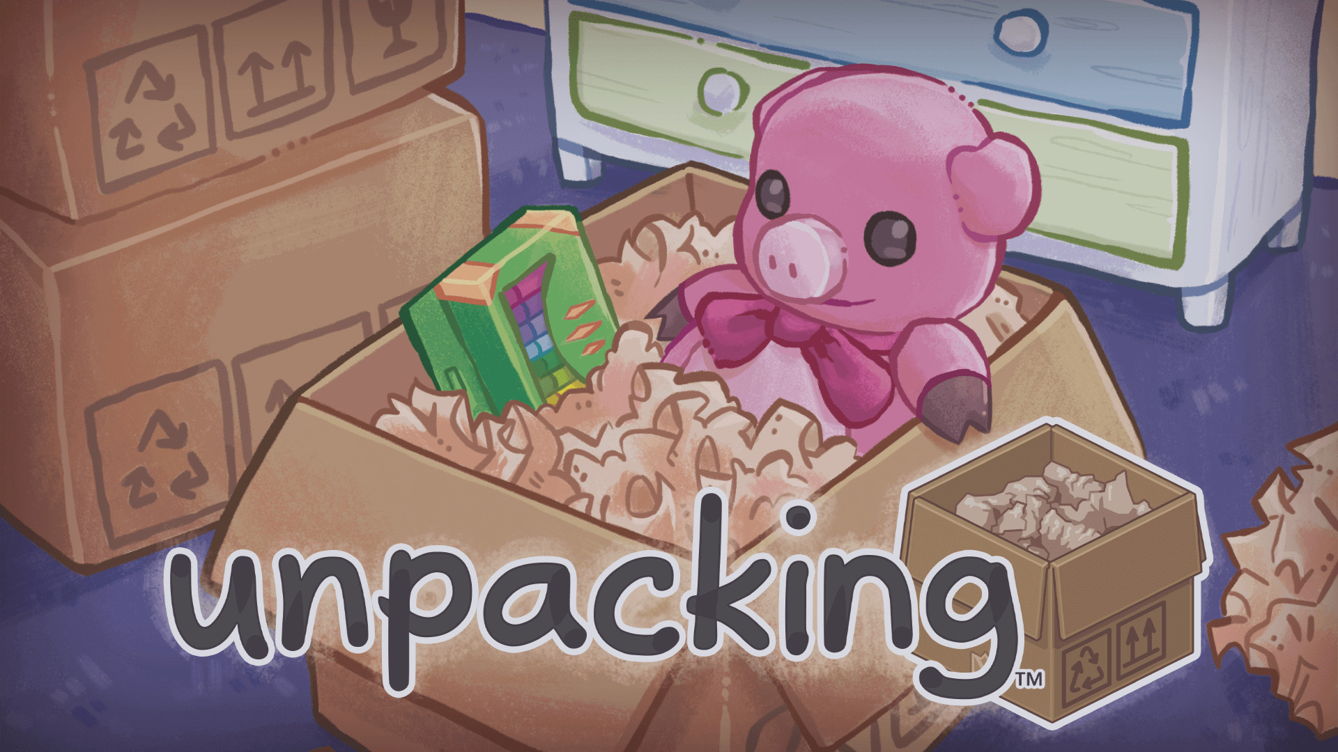 Unpacking's title screen, showing a pink pig plush and a box of pens inside a cardboard box to be unpacked.