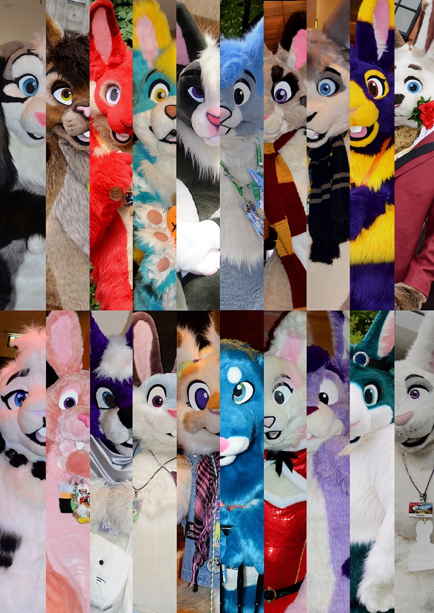 A collage consisting of 20 long rectangular segments, each containing a half profile of a bunny fursuit. They are grouped into two rows of 10 each. The 10 to the left show the left side of the face, the 10 to the right show the right side of the face.