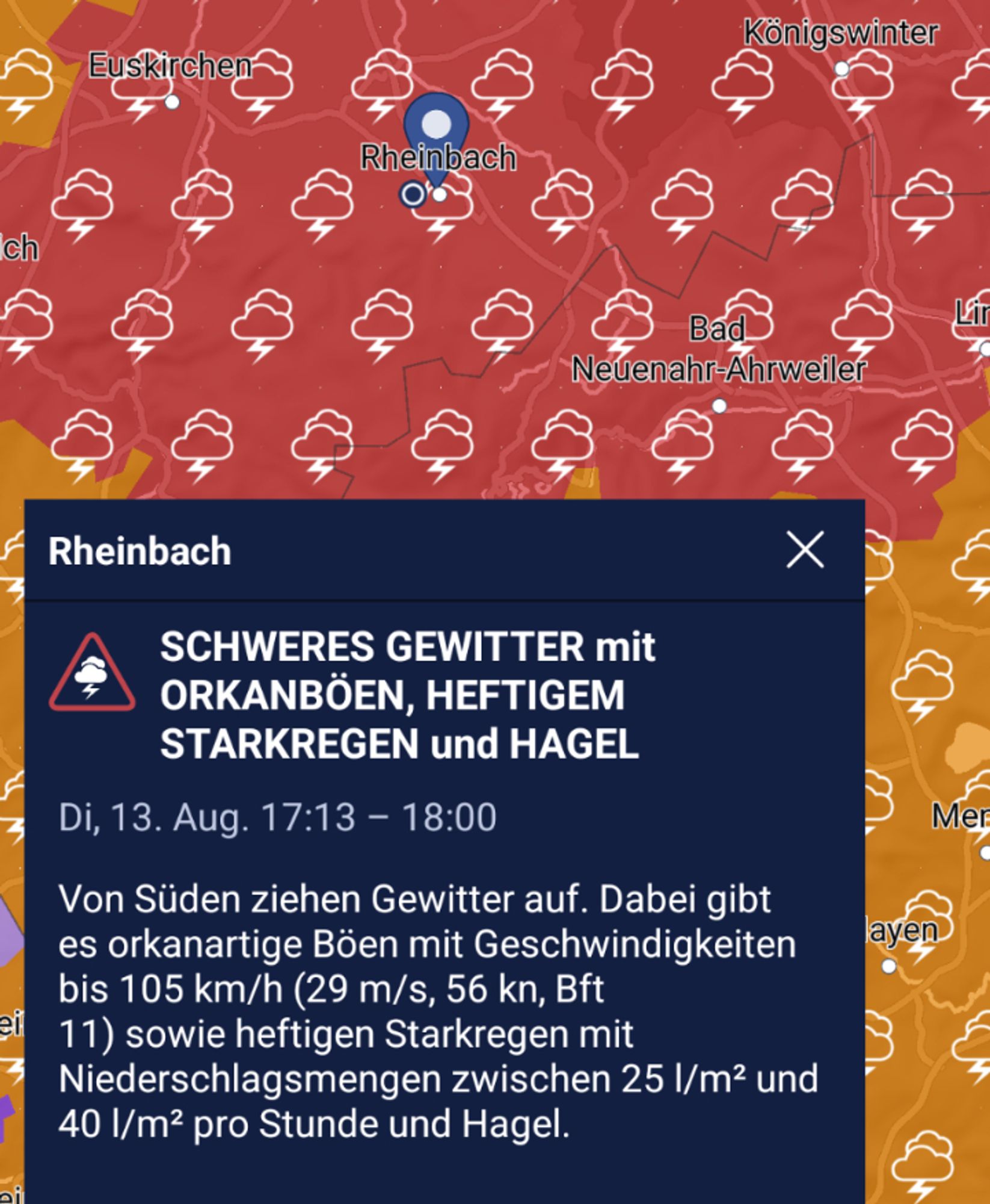 Karte mit Unwetterwarnung vor schwerem Gewitter: Von Süden ziehen Gewitter auf. Dabei gibt es orkanartige Böen mit Geschwindigkeiten bis 105 km/h (29 m/s, 56 kn, Bft 11) sowie heftigen Starkregen mit Niederschlagsmengen zwischen 25 l/m² und 40 l/m² pro Stunde und Hagel.