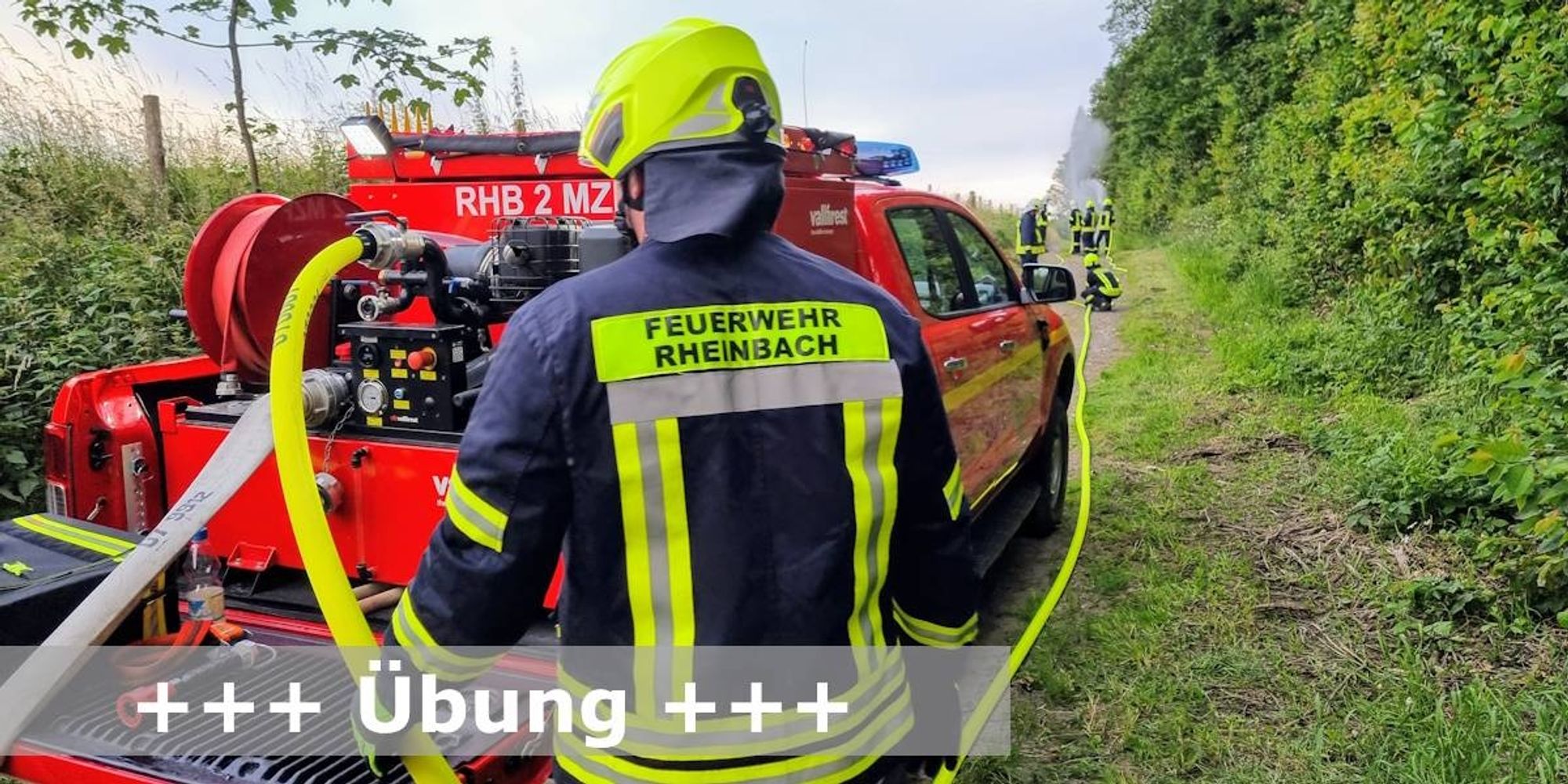 Symbolfoto. Auf einem Waldweg steht ein Feuerwehrfahrzeug. Ein Feuerwehrmann dreht der Kamera den Rücken zu. Im Verlauf des Weges sind weitere Feuerwehrleute zu sehen.