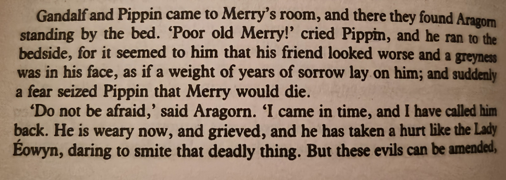 Gandalf and Pippin came to Merry's room, and there they found Aragorn standing by the bed. 'Poor old Merry!' cried Pippin, and he ran to the bedside, for it seemed to him that his friend looked worse and a greyness was in his face, as if a weight of years of sorrow lay on him; and suddenly a fear seized Pippin that Merry would die.

'Do not be afraid,' said Aragorn. 'I came in time, and I have called him back. He is weary now, and grieved, and he has taken a hurt like the Lady Éowyn, daring to smite that deadly thing. But these evils can be amended,