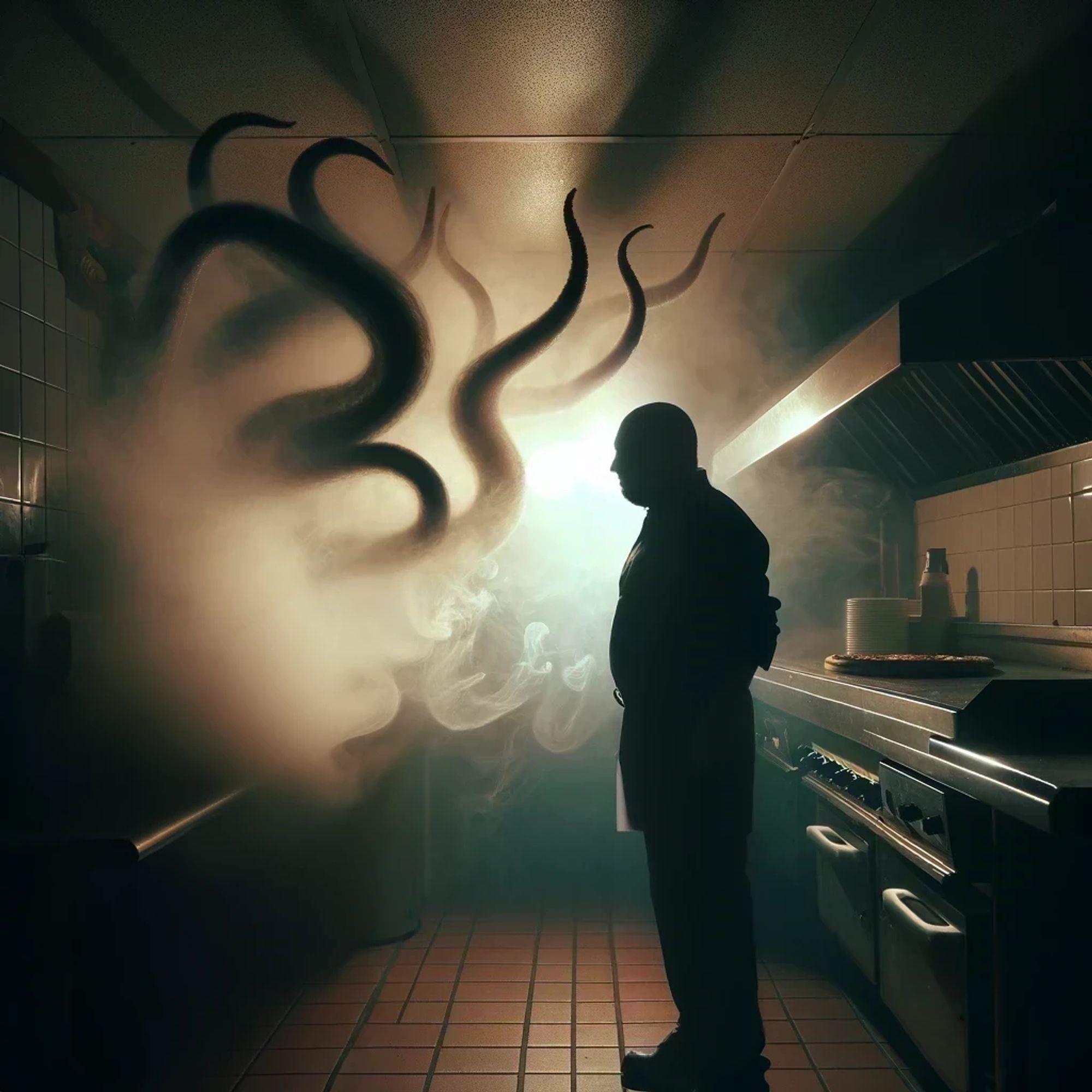 Surreal image of a dark kitchen with a man in silhouette. The tentacles of a fantastic sea creature reach up from the sink in a cloud of steam.