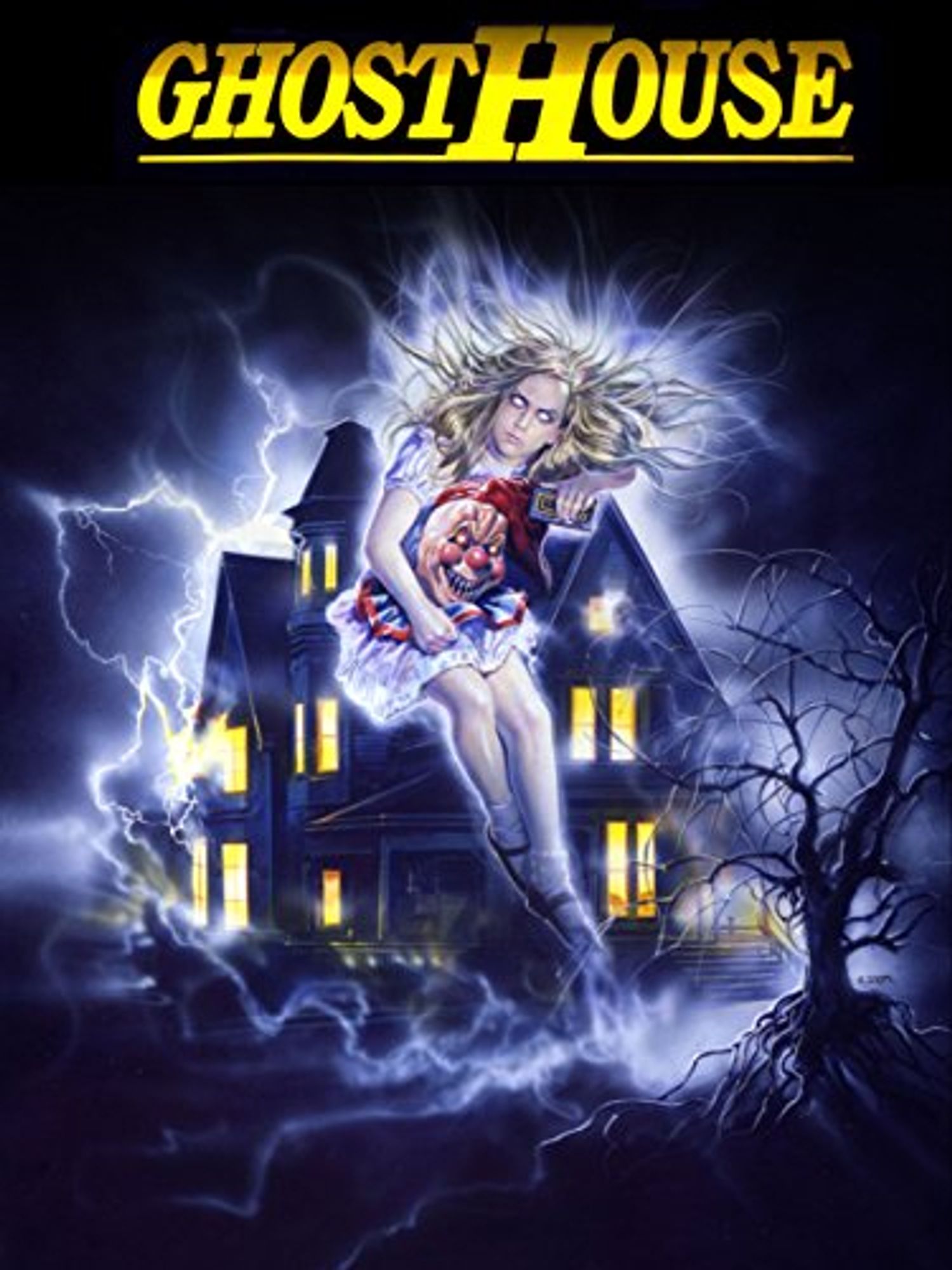 The cover of Ghosthouse, AKA La Casa 3: a spectral girl holds an evil clown head in front of the titular ghost house