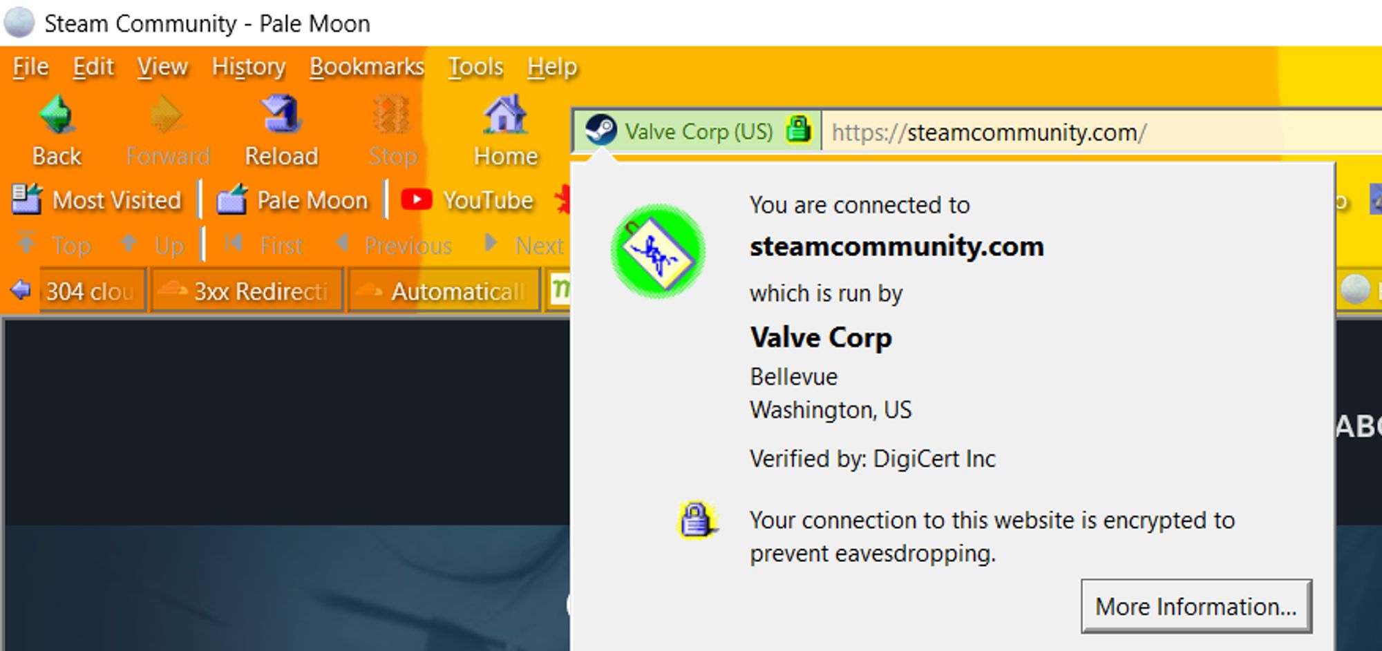 Screenshot Pale Moon showing the "green bar" indicator in the address bar when visiting Steam