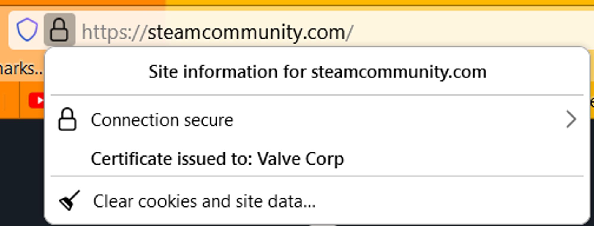 Screenshot of a Firefox 115 based browser where you have to click on the padlock to see any indication that the website has an EV TLS/SSL cert which is "Certificate issued to: Valve Corp"