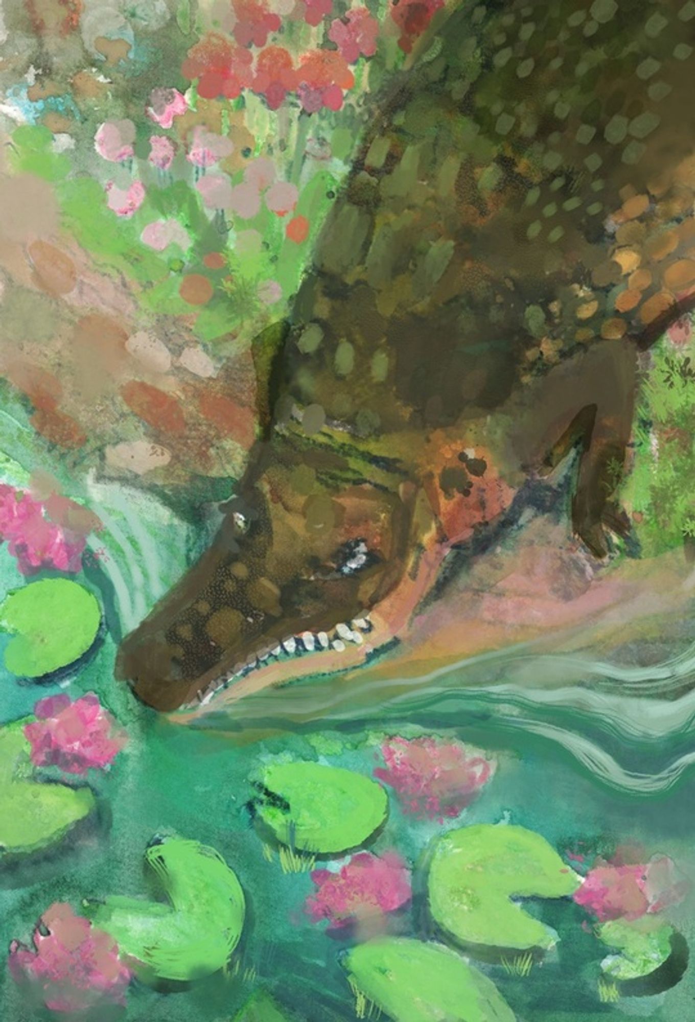 painting of a crocodile in a river shore entering in the water there is lilypads and lotus flowers in the river