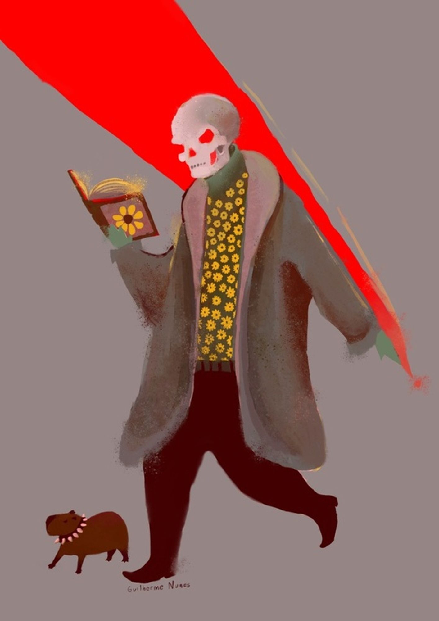 painting of a skeleton in a gray overcoat, sunflower floral shirt, black pants, dress shoes and green gloves holding a book with a sunflower on the cover and releasing a red ray through the finger on the other hand. next to it is a capybara cub with a spiked collar.