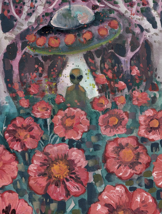 painting of an alien outside an ovni in a floral field